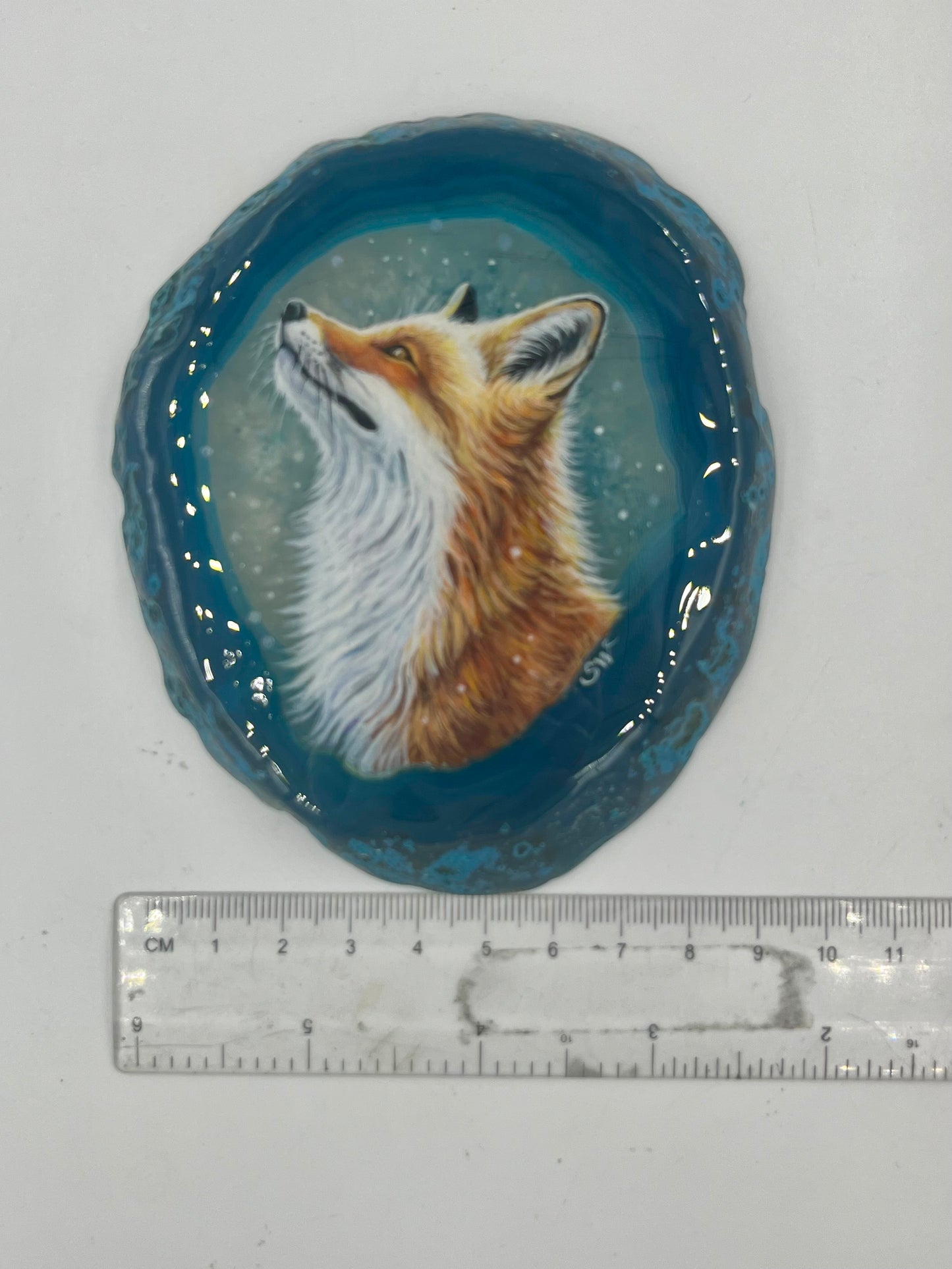 Einzigartige bemalt Achatscheibe/Der Fuchs /Hand bemalt /Deko/Tierpotrait/ink.Metallständer