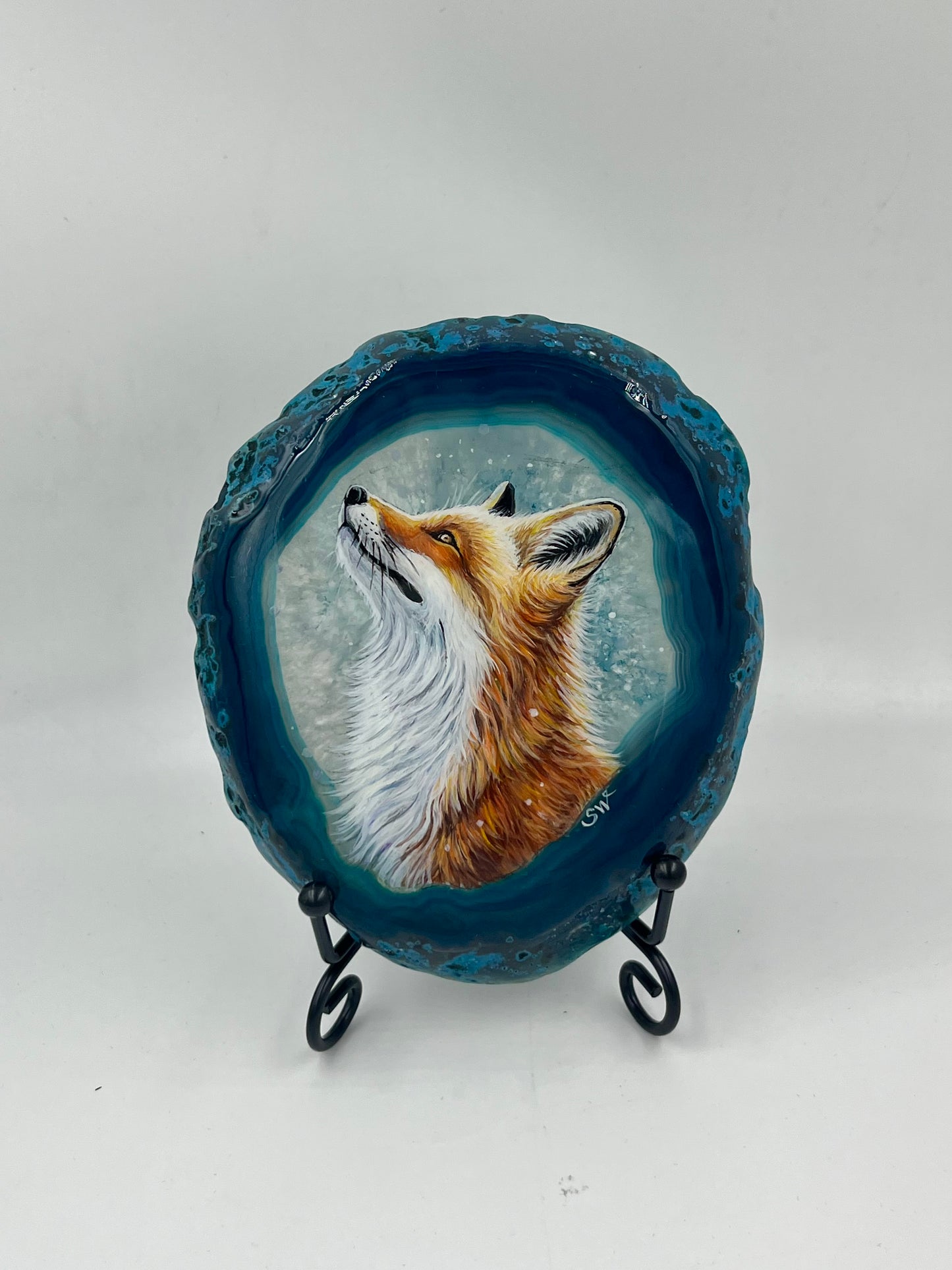 Einzigartige bemalt Achatscheibe/Der Fuchs /Hand bemalt /Deko/Tierpotrait/ink.Metallständer