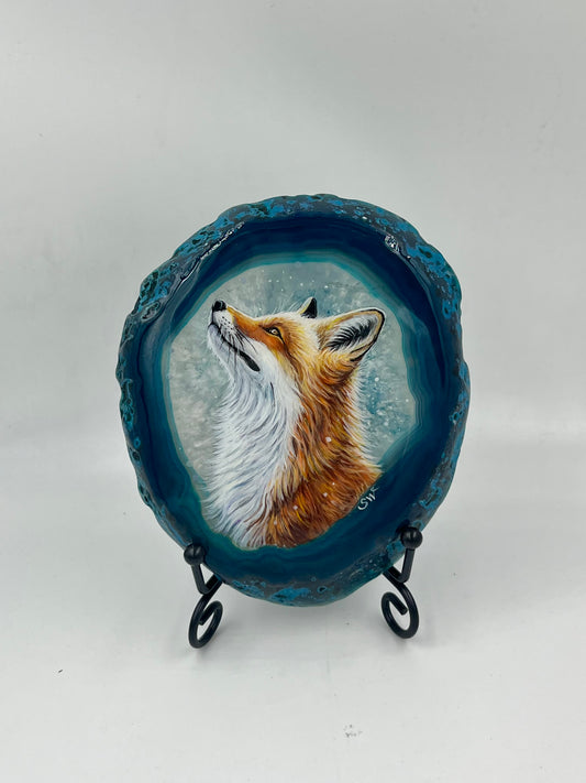 Einzigartige bemalt Achatscheibe/Der Fuchs /Hand bemalt /Deko/Tierpotrait/ink.Metallständer