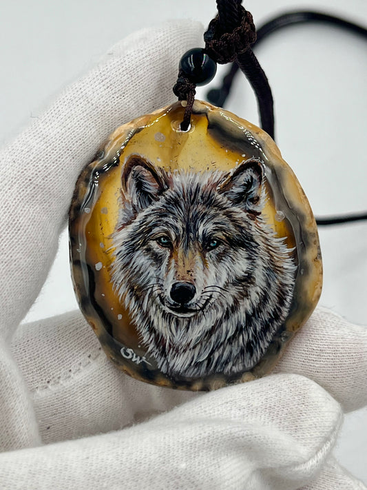 Einzigartige Anhänger /Der Wolf /Achat/Hand bemalt Juwelen und tragbare Kunst /Natur Schmuck