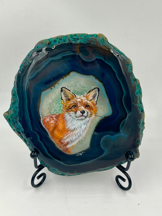 Einzigartige bemalt Achatscheibe/Der Fuchs /Hand bemalt /Deko/Tierpotrait/ink.Metallständer