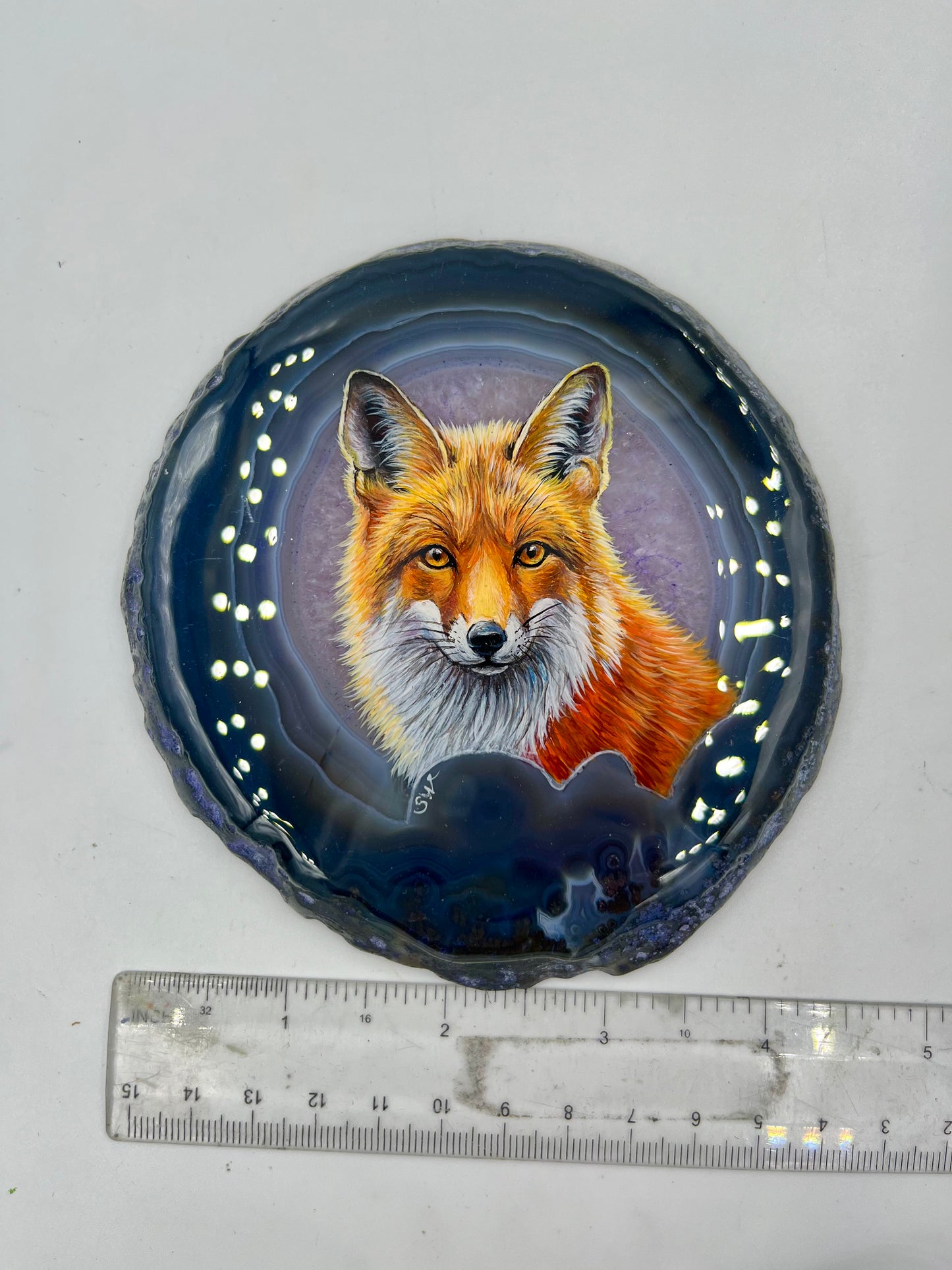 Einzigartige bemalt Achatscheibe/Der Fuchs /Hand bemalt /Deko/Tierpotrait/ink.Metallständer