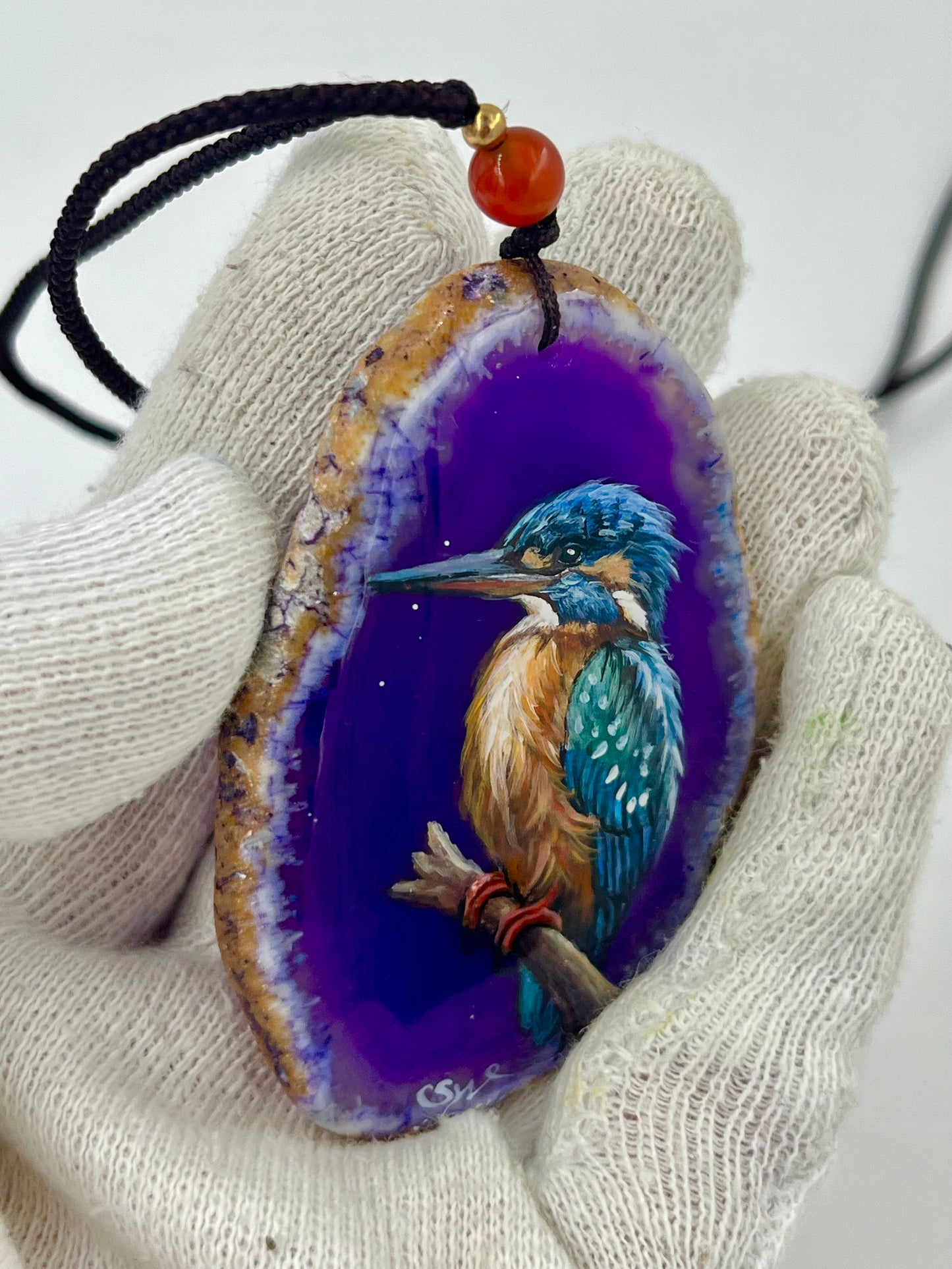 Einzigartige Anhänger /der Eisvogel/Achat/Hand bemalt