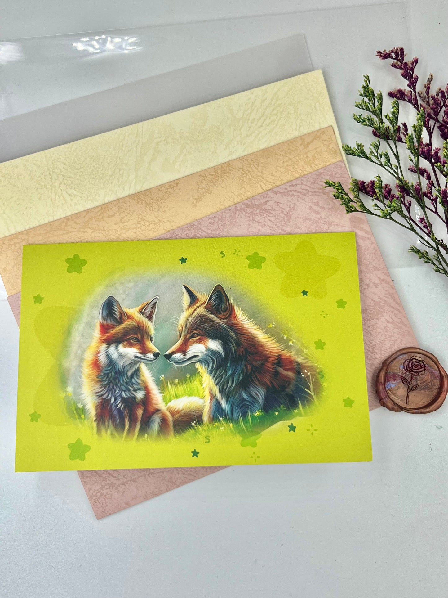 Grußkarte der Wolf und der Fuchs/Beschichtetes Papier(300g)/ Klappkarte Acryl Malerei Print