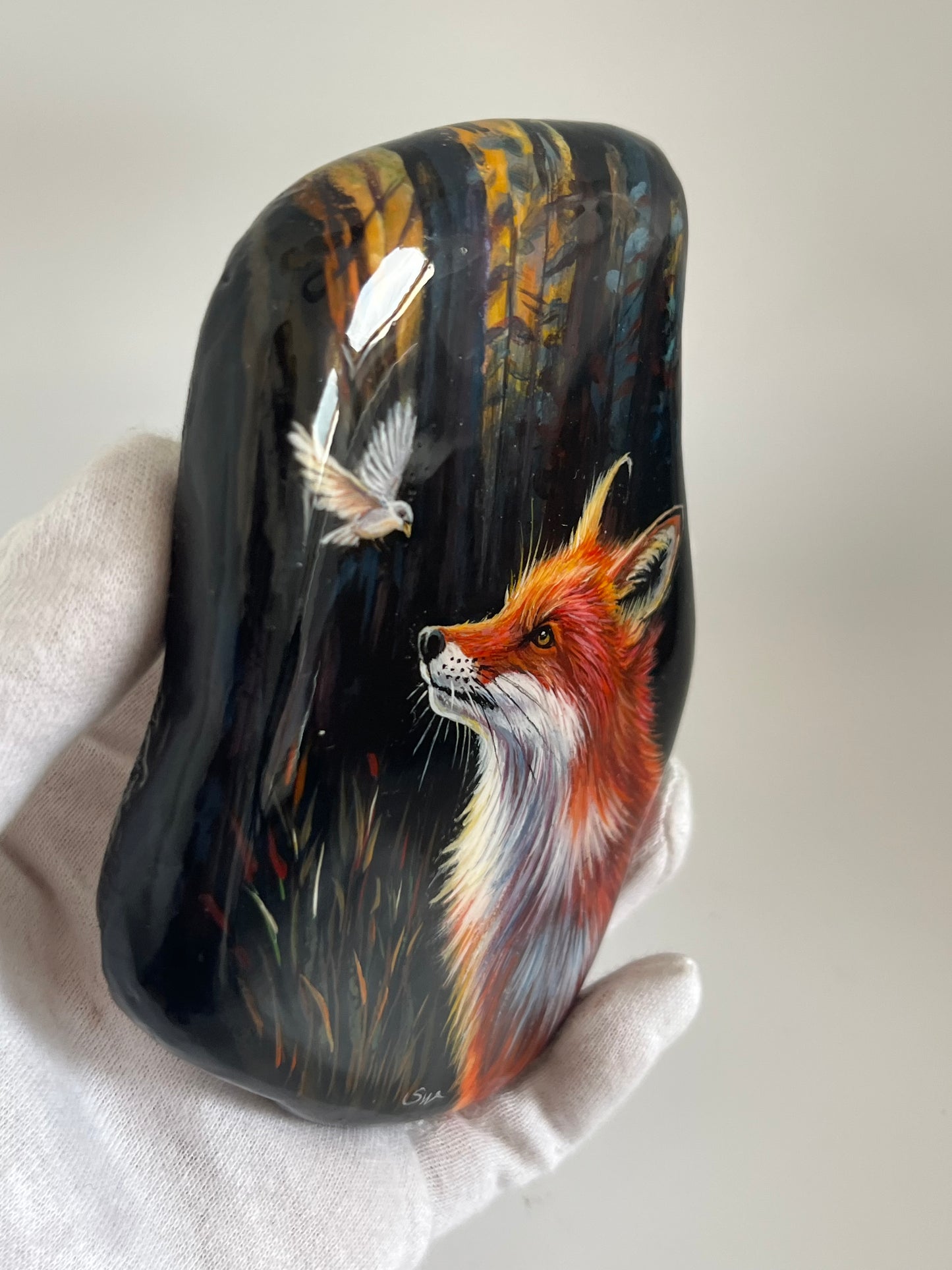 Einzigartig handbemalte Stein/der Fuchs und der Vogel /inklusive Tischstaffele