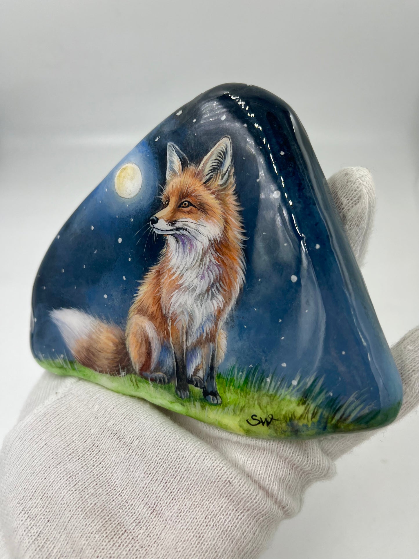 Einzigartig handbemalte Stein-der kleine Fuchs-inklusive Tischstaffelei