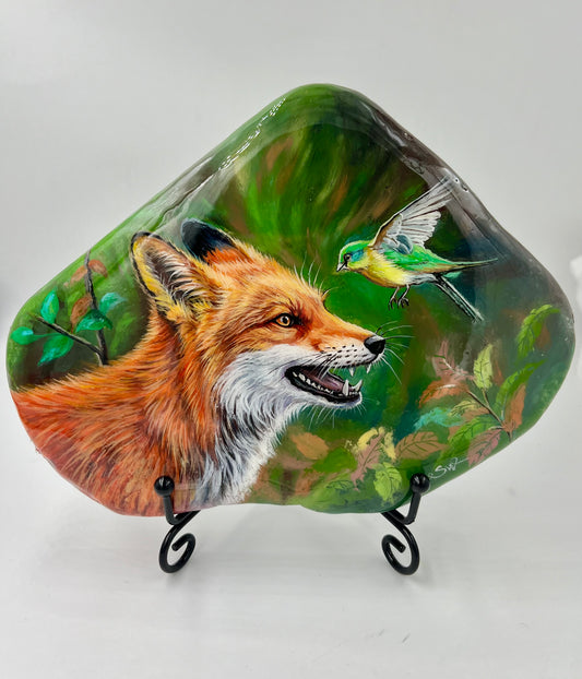 Einzigartig handbemalte Große stein/der Fuchs und der Vogel/inklusive Tischstaffelei
