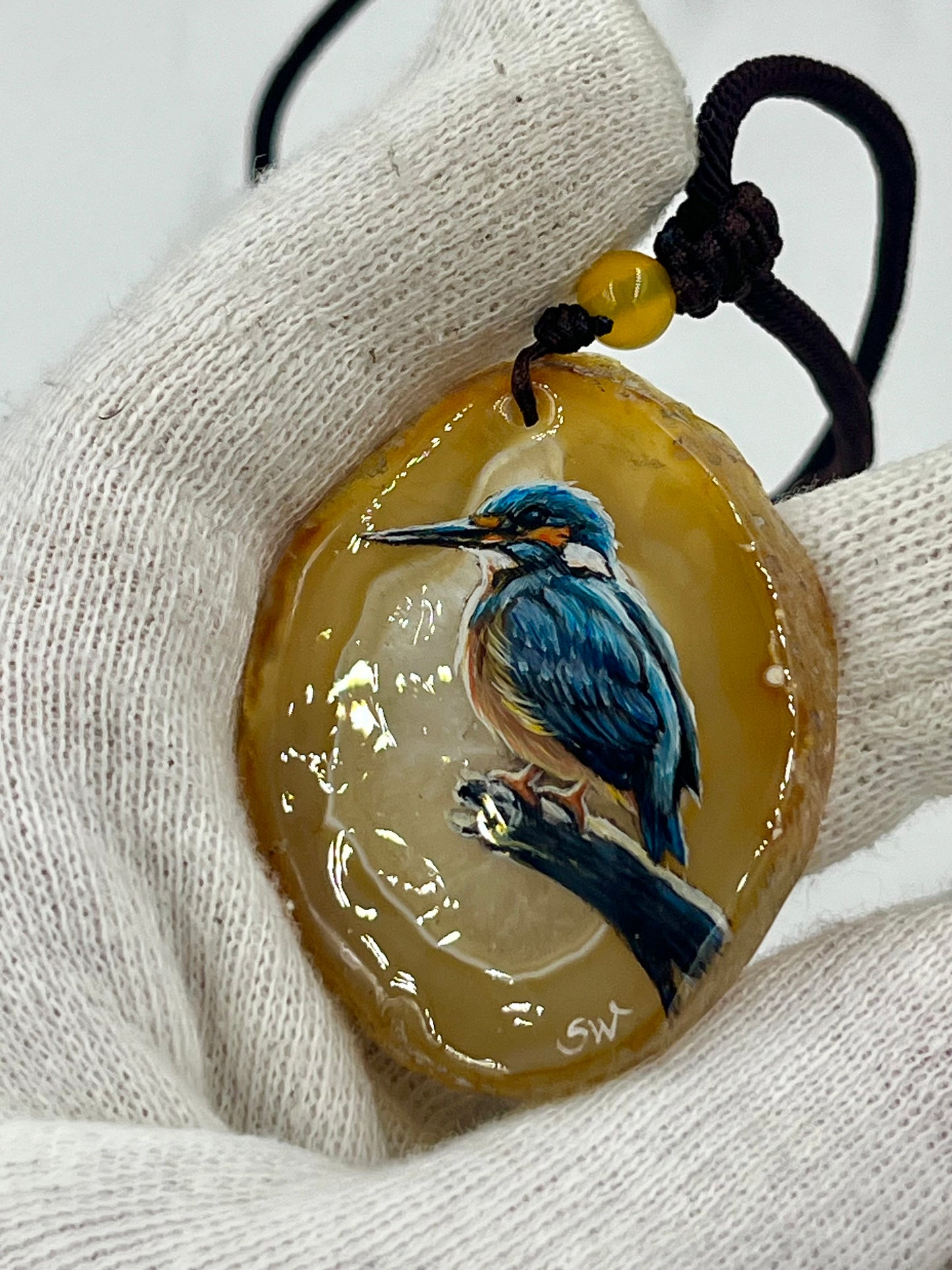 Einzigartige Anhänger /Der Eisvogel/Achat/Hand bemalt Juwelen und tragbare Kunst /Natur Schmuck