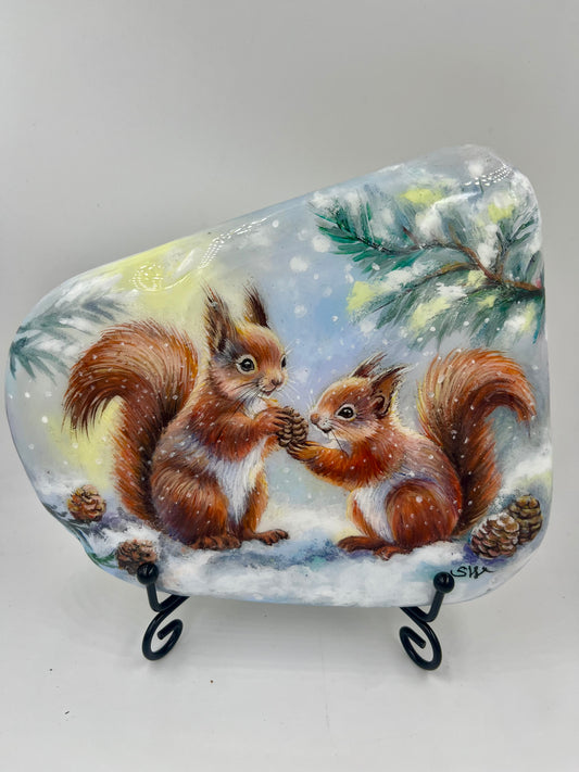 Einzigartig handbemalte große Stein/zwei Eichhörnchen/inklusive Tischstaffelei