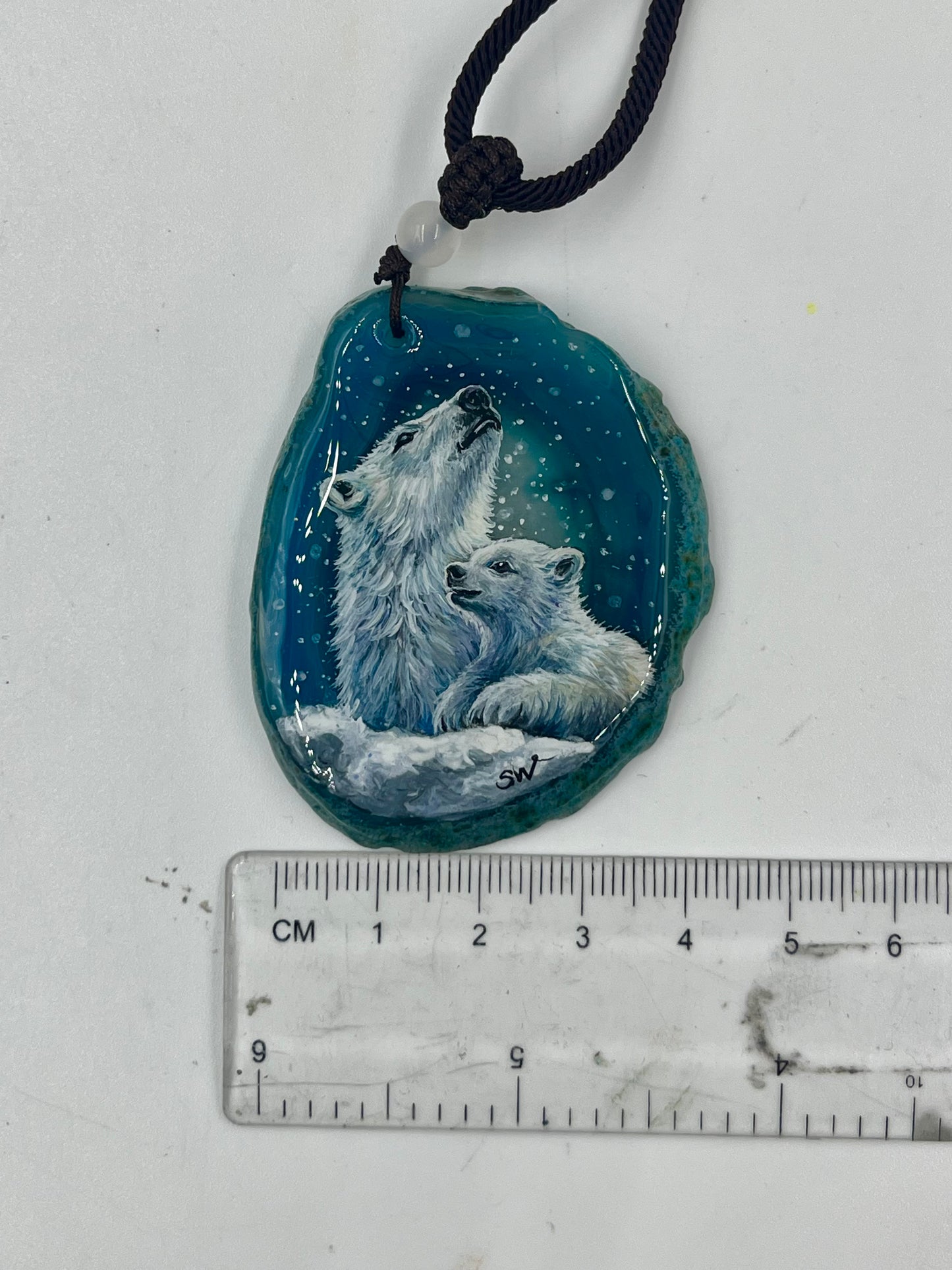 Einzigartige Anhänger /Eisbären Mama und Kind /Achat/Hand bemalt Juwelen und tragbare Kunst /Natur Schmuck