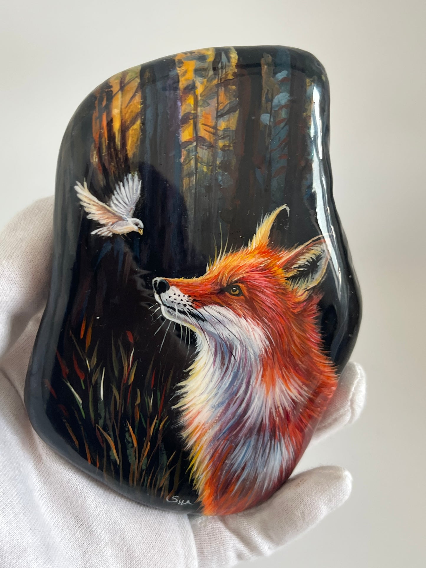 Einzigartig handbemalte Stein/der Fuchs und der Vogel /inklusive Tischstaffele