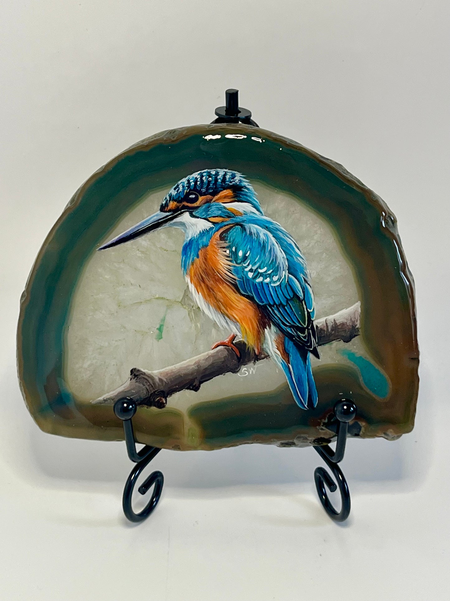 Einzigartige handbemalte Achatscheibe /der Eisvogel/ink.Metallständer