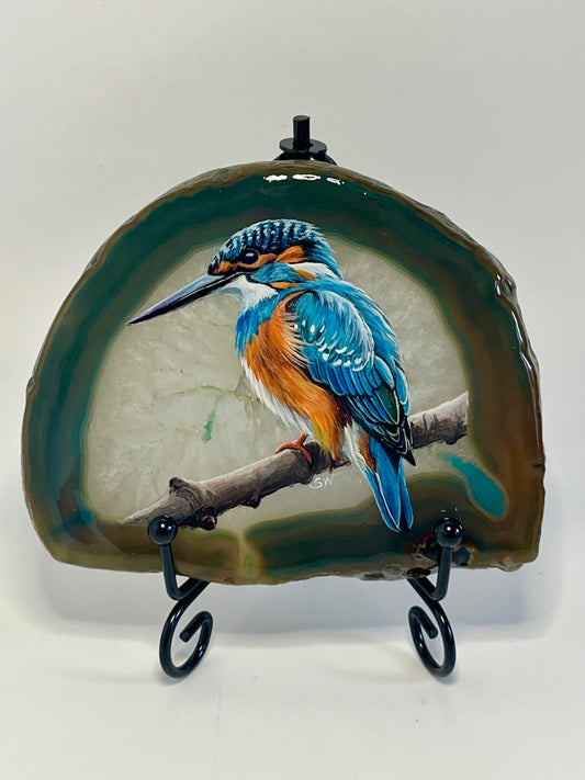 Einzigartige handbemalte Achatscheibe /der Eisvogel/ink.Metallständer
