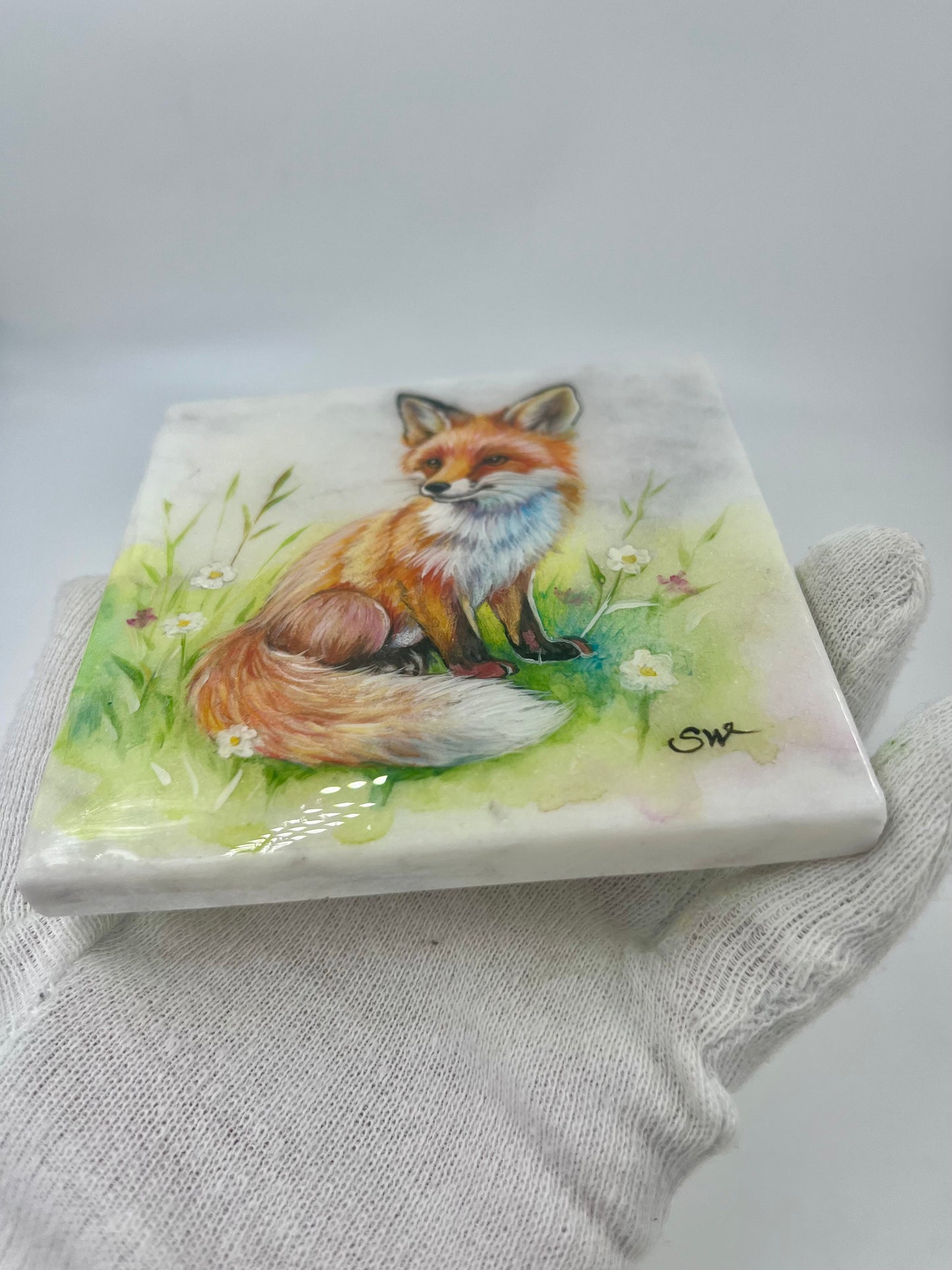 Einzigartig handbemalte Stein-der Fuchs /inklusive Tischstaffelei 10x10cm