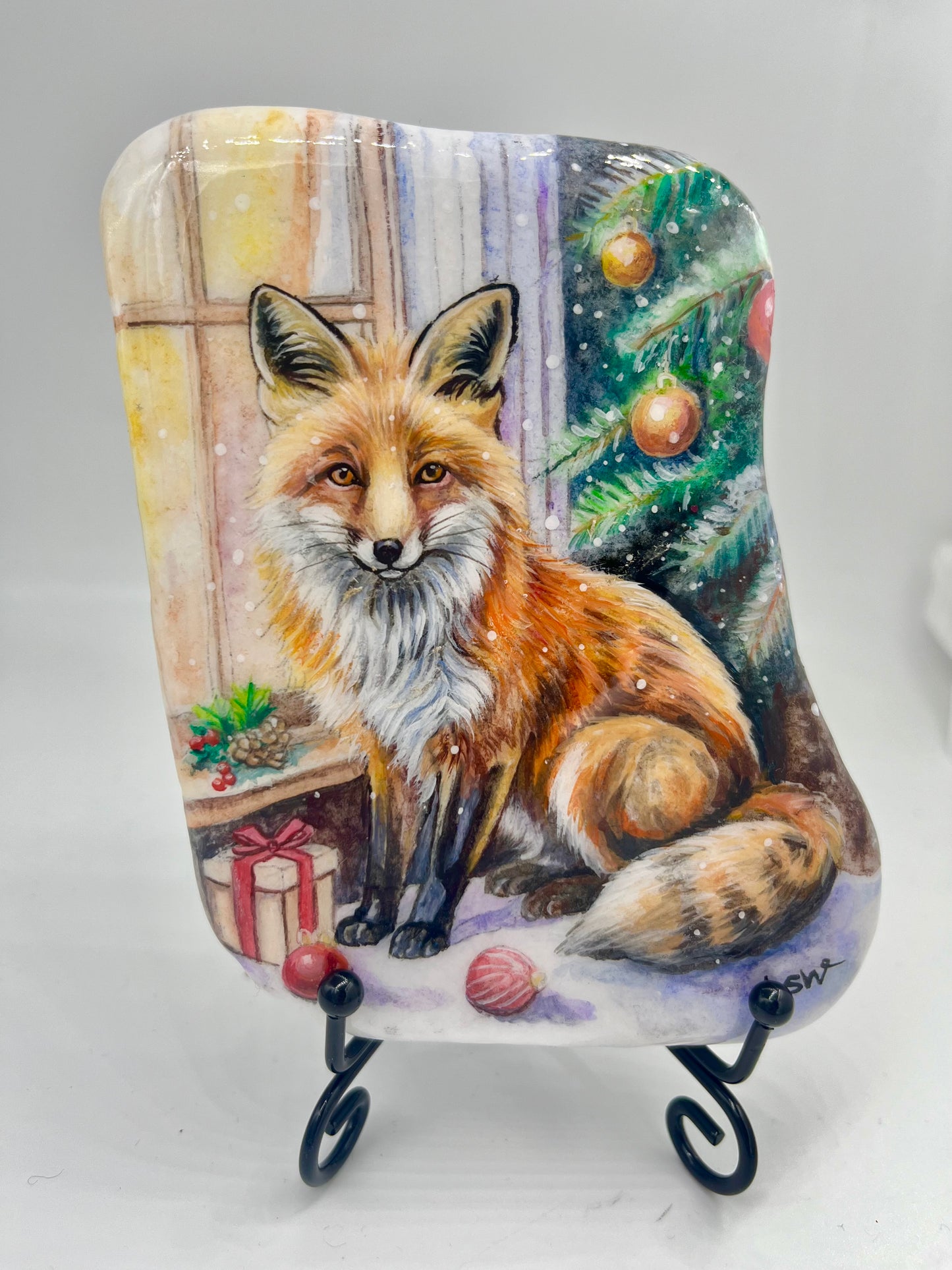 Weihnachtsgeschenken /Einzigartig handbemalte Stein-der Fuchs kommt/inklusive Tischstaffelei