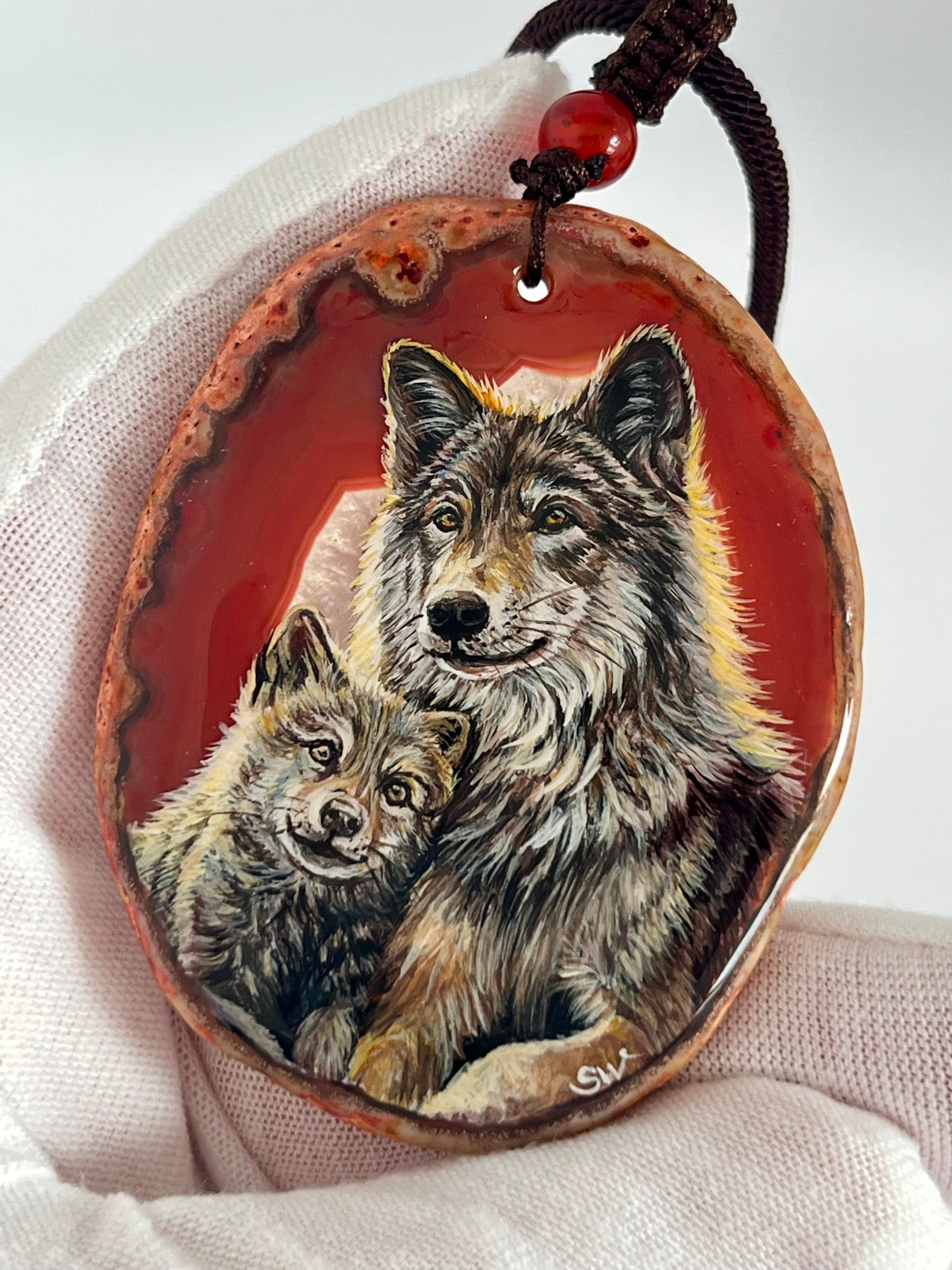 Einzigartige Anhänger /Wolfs Mama und KindAchat/Hand bemalt Juwelen und tragbare Kunst /Natur Schmuck