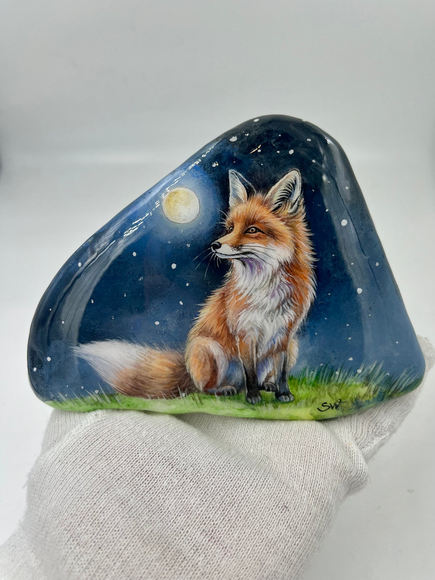 Einzigartig handbemalte Stein-der kleine Fuchs-inklusive Tischstaffelei