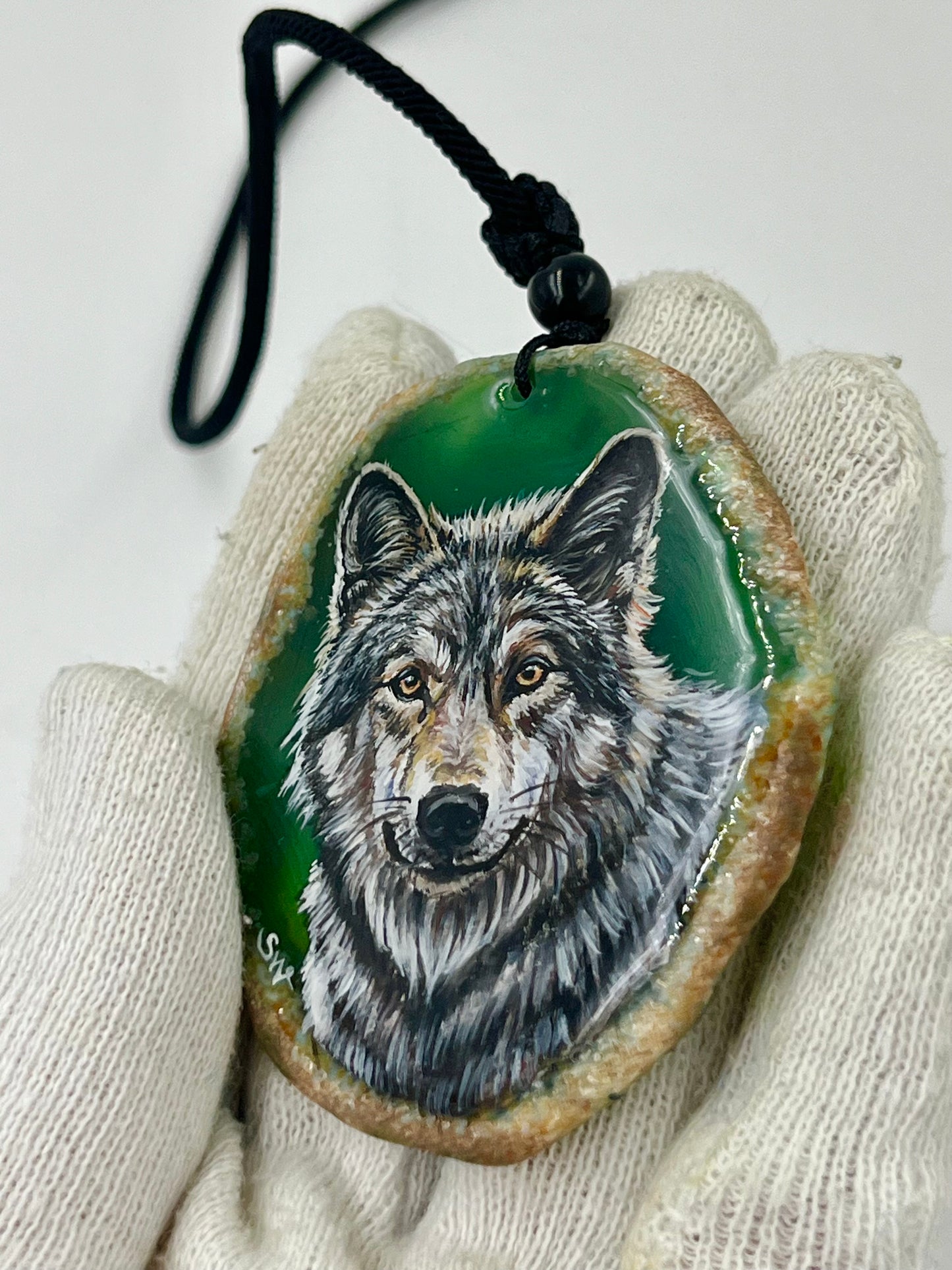Einzigartige Anhänger /der Wolf/Achat/Hand bemalt