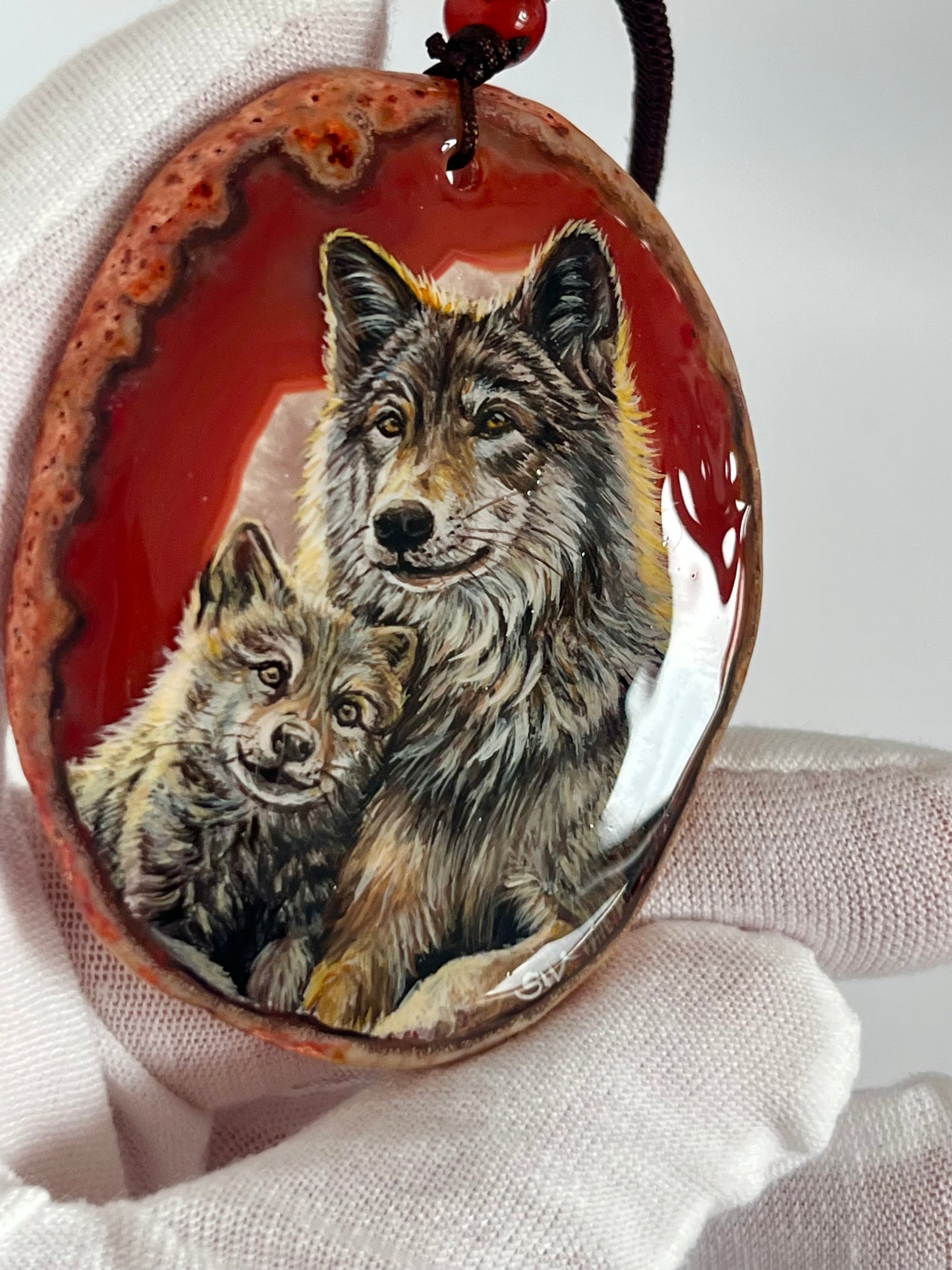 Einzigartige Anhänger /Wolfs Mama und KindAchat/Hand bemalt Juwelen und tragbare Kunst /Natur Schmuck