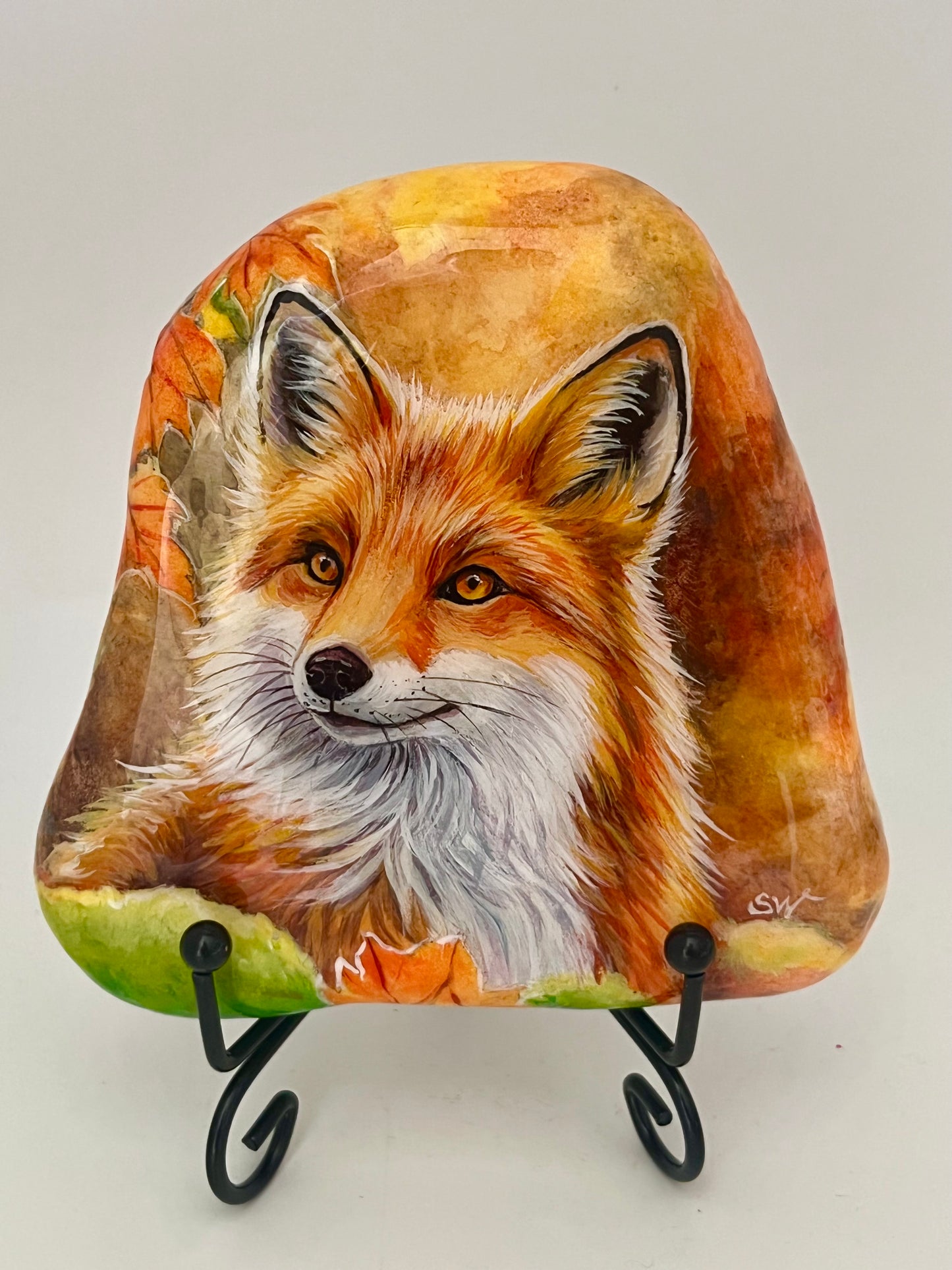 Einzigartig handbemalte Stein/der Fuchs und der Vogel /inklusive Tischstaffele