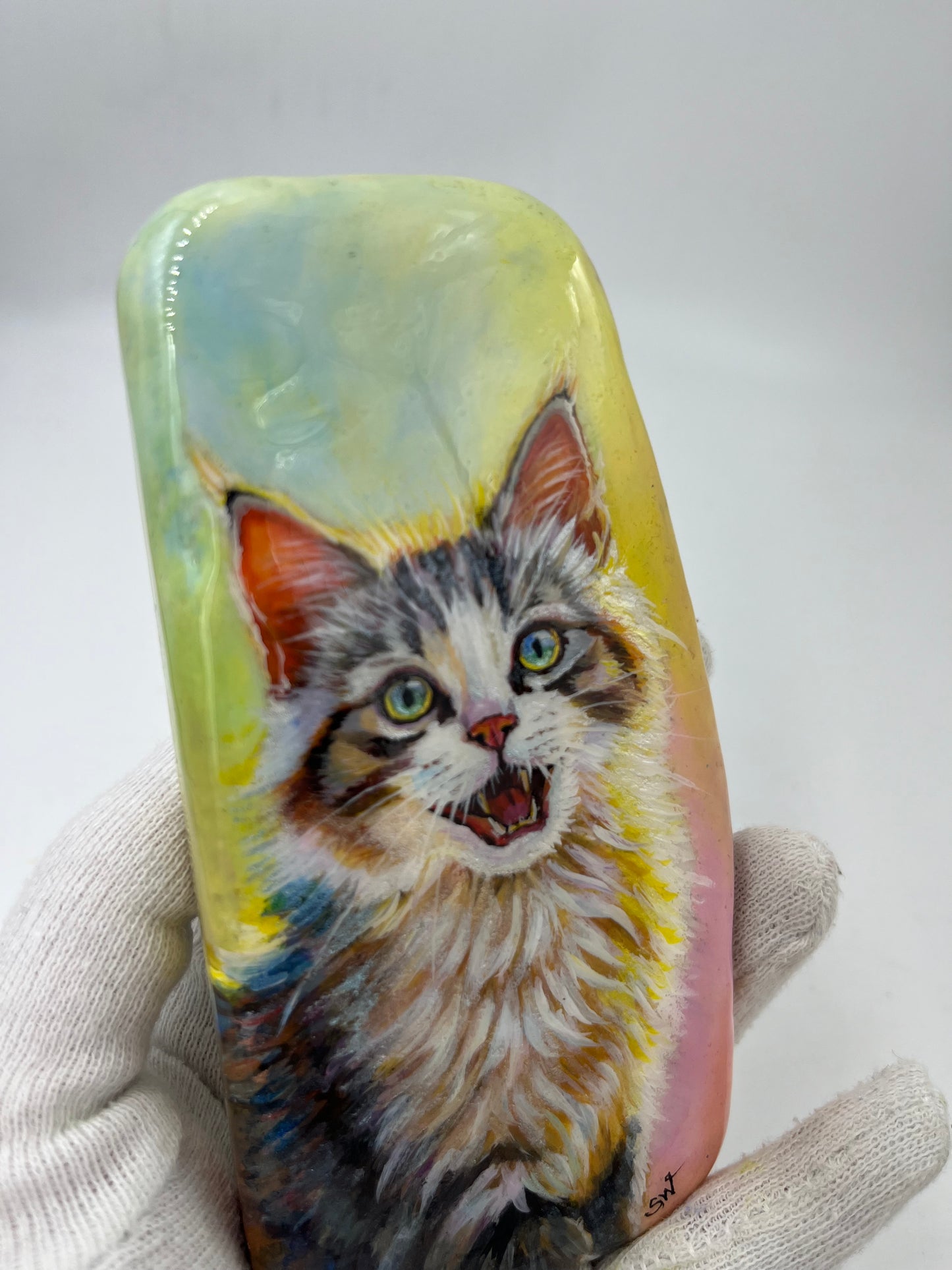 Einzigartig handbemalte Stein/die Katze/inklusive Tischstaffelei