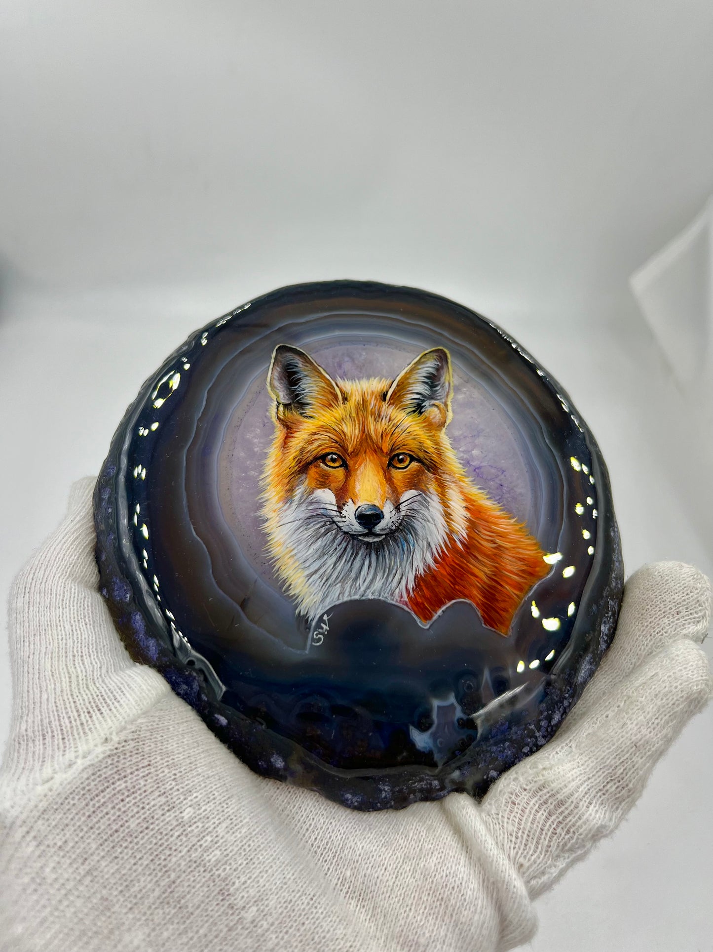 Einzigartige bemalt Achatscheibe/Der Fuchs /Hand bemalt /Deko/Tierpotrait/ink.Metallständer