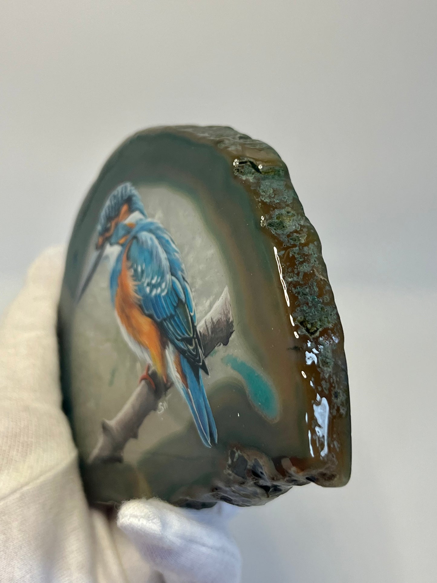 Einzigartige handbemalte Achatscheibe /der Eisvogel/ink.Metallständer