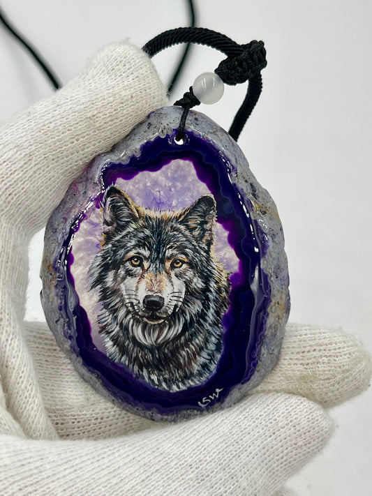Einzigartige Anhänger /Der Wolf /Achat/Hand bemalt Juwelen und tragbare Kunst /Natur Schmuck