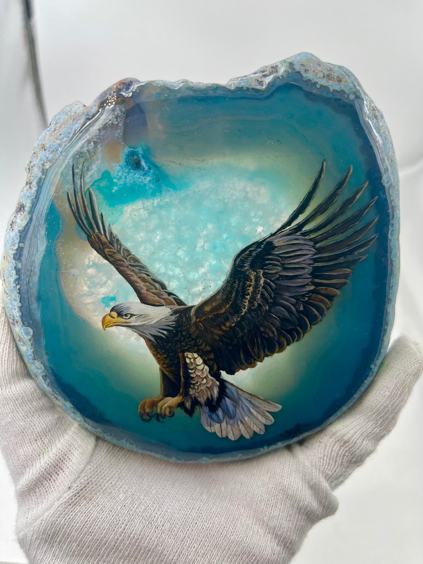 Einzigartige handbemalte Achatscheibe /der Adler/ink.Metallständer