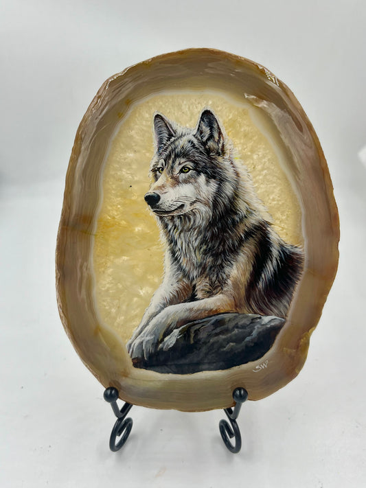 Einzigartige bemalt Achatscheibe/Der Wolf /Hand bemalt /Deko/Tierpotrait/ink.Metallständer