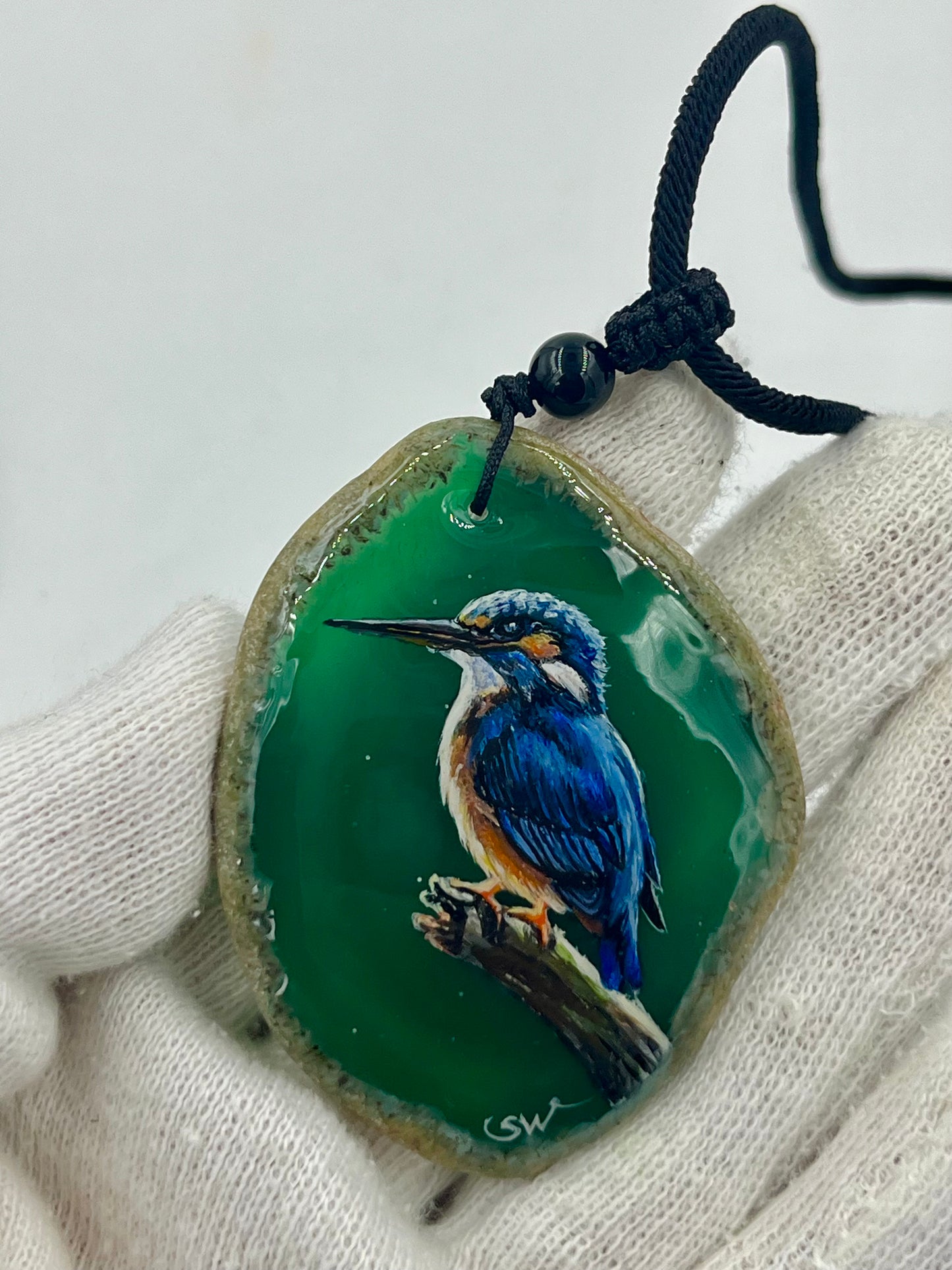 Einzigartige Anhänger /Der Eisvogel/Achat/Hand bemalt Juwelen und tragbare Kunst /Natur Schmuck
