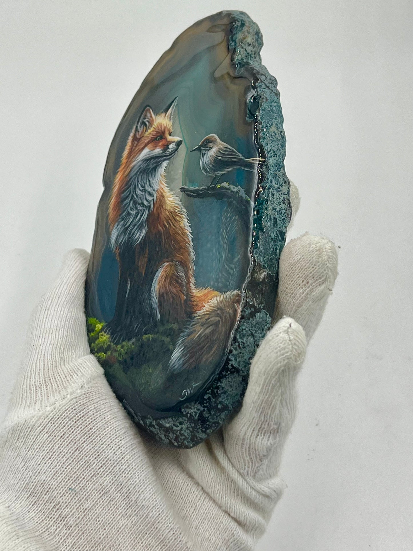 Einzigartige bemalt Achatscheibe/ Der Fuchs und der Vogel /Hand bemalt /Deko/Tierpotrait/ink.Metallständer