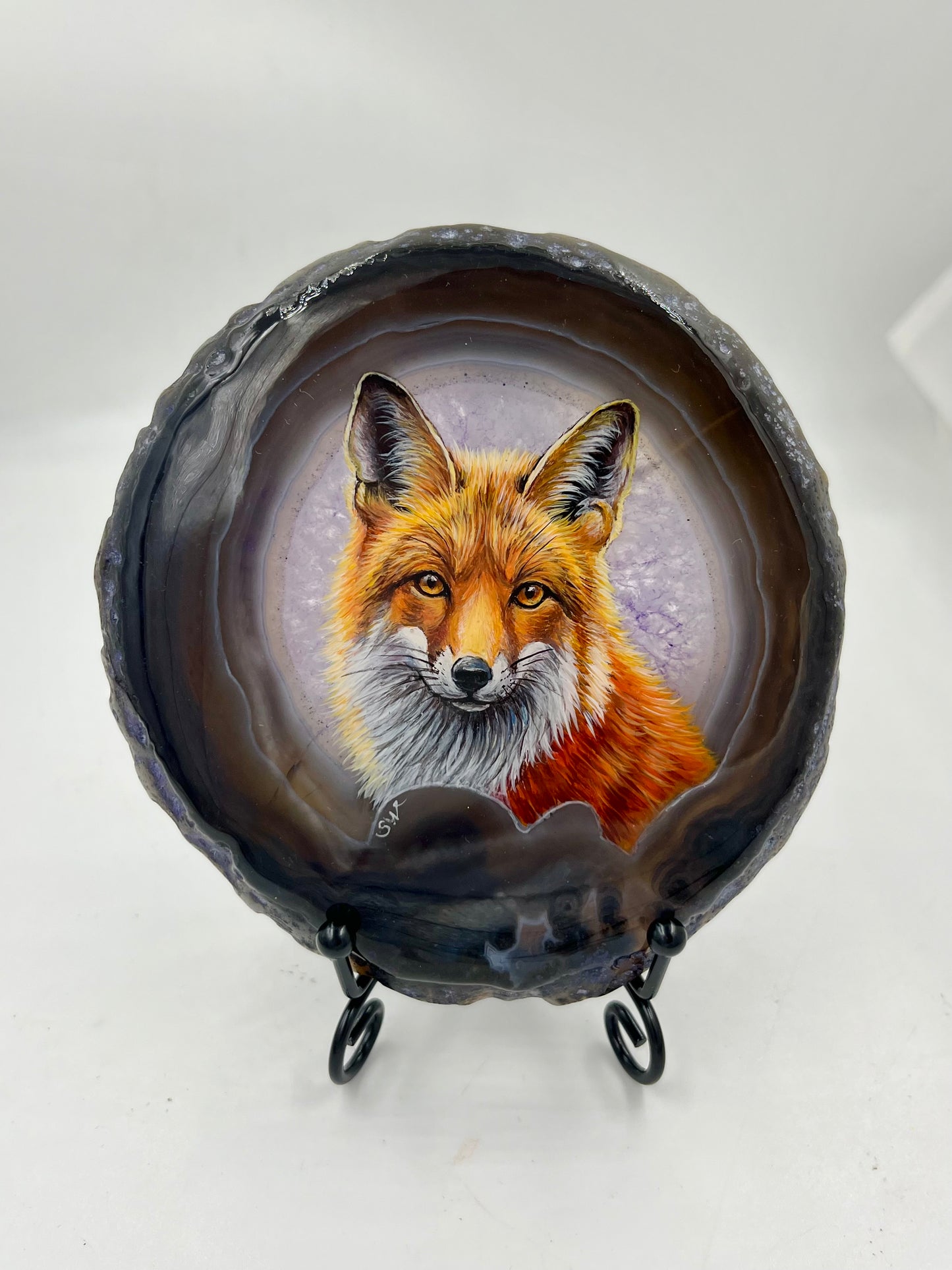 Einzigartige bemalt Achatscheibe/Der Fuchs /Hand bemalt /Deko/Tierpotrait/ink.Metallständer
