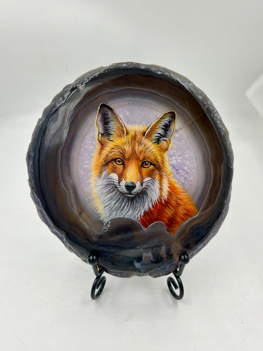 Einzigartige bemalt Achatscheibe/Der Fuchs /Hand bemalt /Deko/Tierpotrait/ink.Metallständer