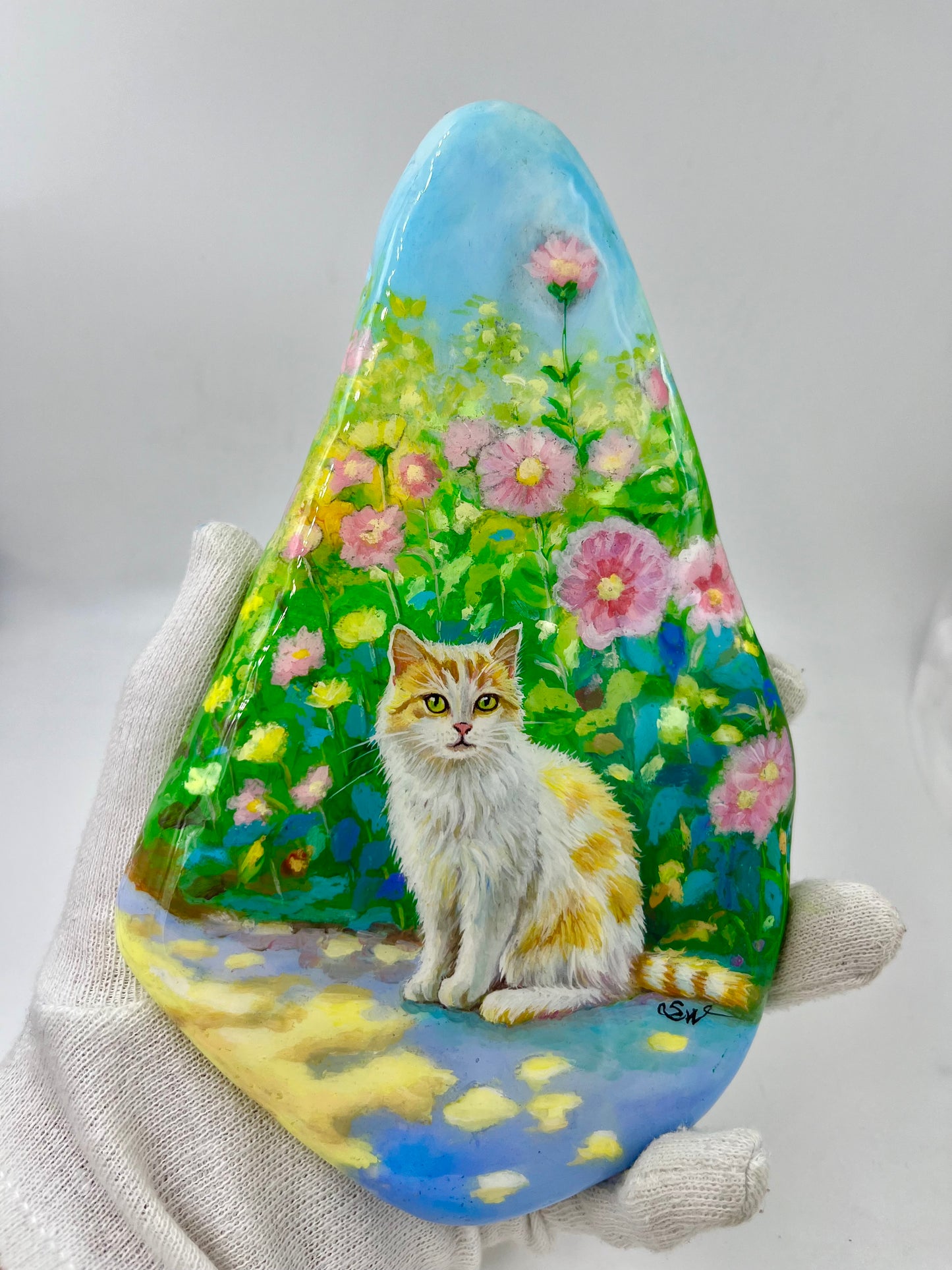 Einzigartig handbemalte Stein/die Katze/inklusive Tischstaffelei