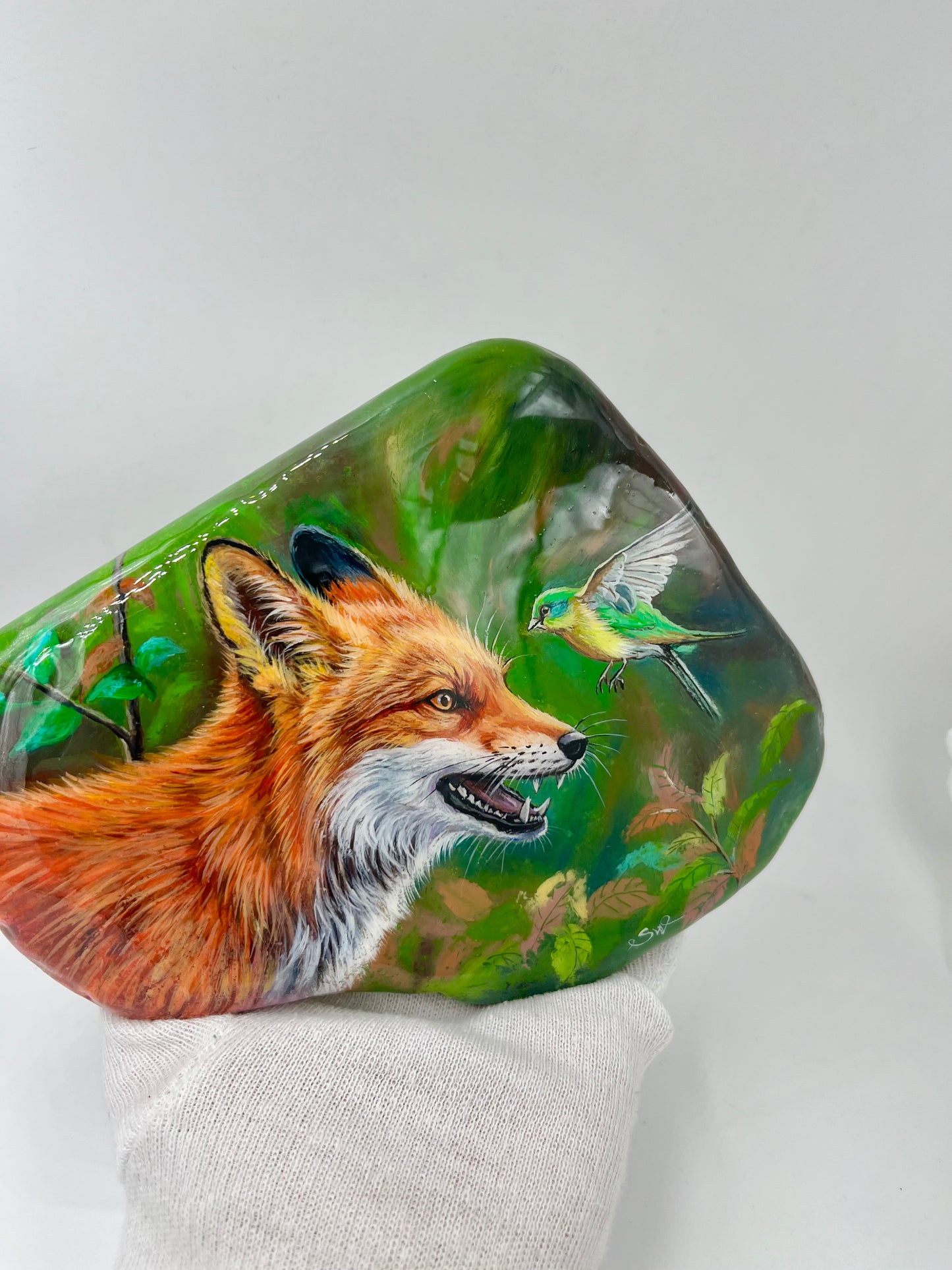 Einzigartig handbemalte Große stein/der Fuchs und der Vogel/inklusive Tischstaffelei