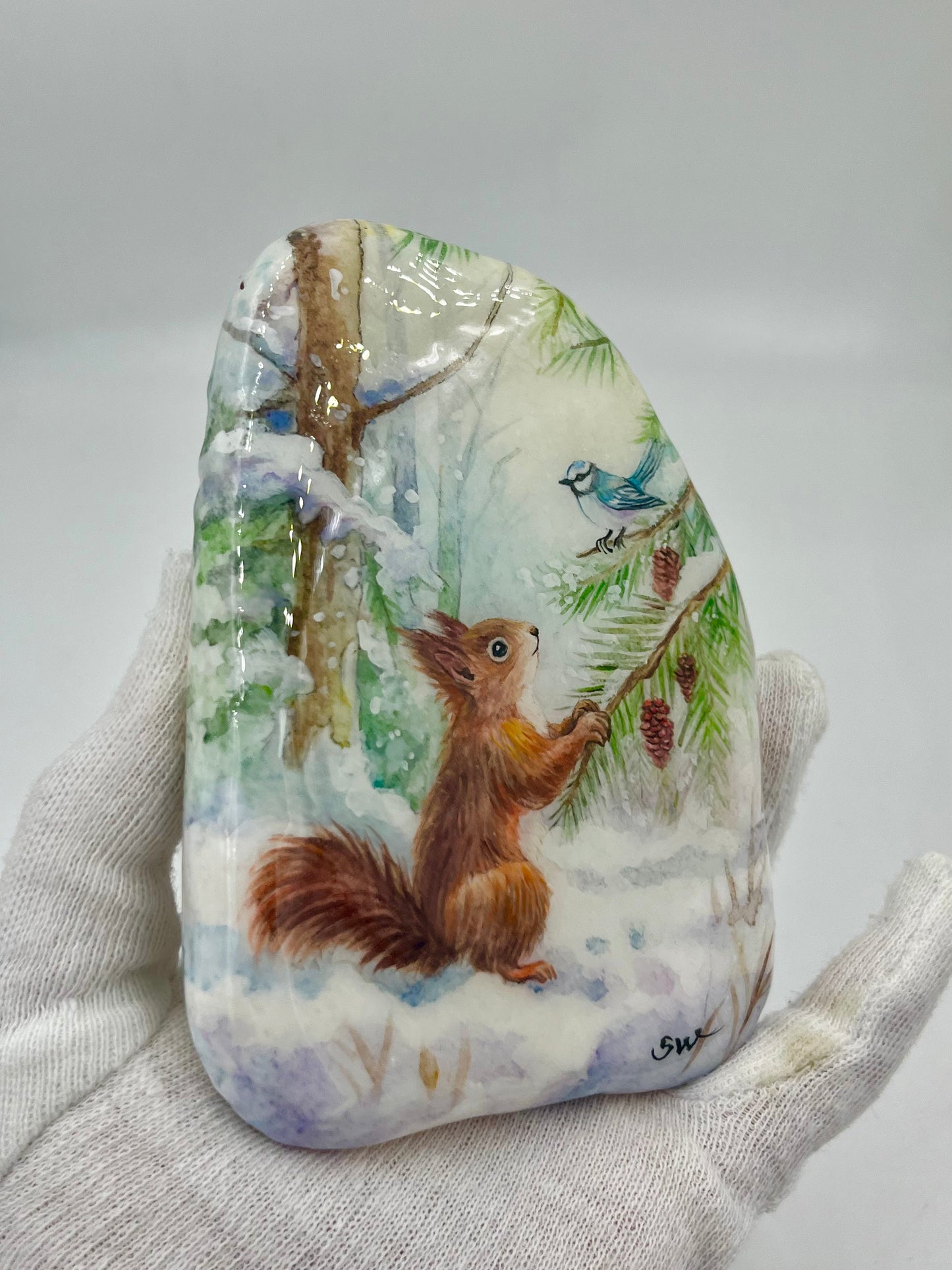 Einzigartig handbemalte Stein/Winterliche Szenerie /inklusive Tischstaffelei