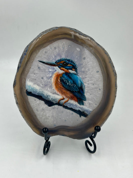 Einzigartige handbemalte Achatscheibe /der Eisvogel/ink.Metallständer