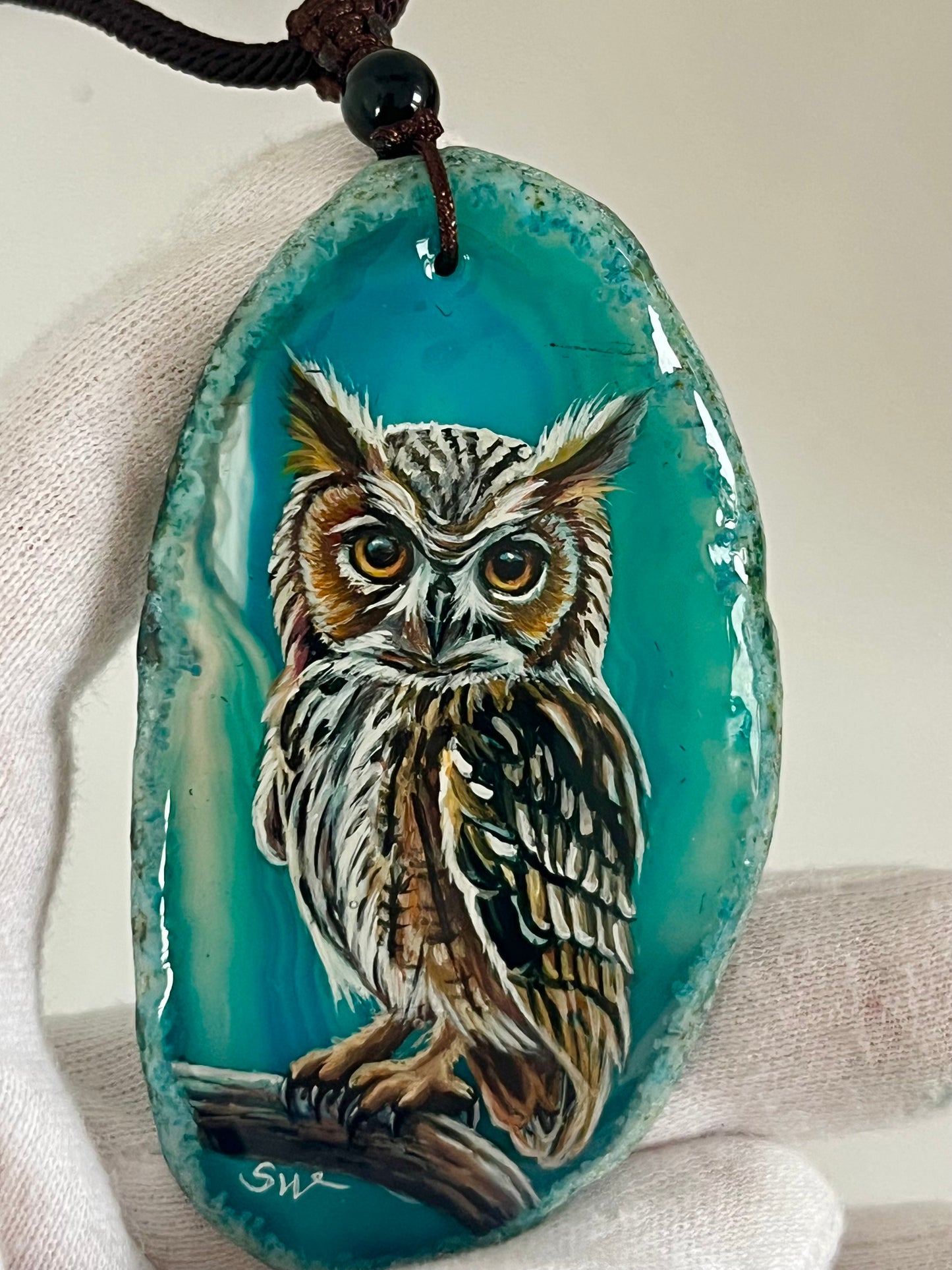 Einzigartige Anhänger /Der Eule /Achat/Hand bemalt Juwelen und tragbare Kunst /Natur Schmuck