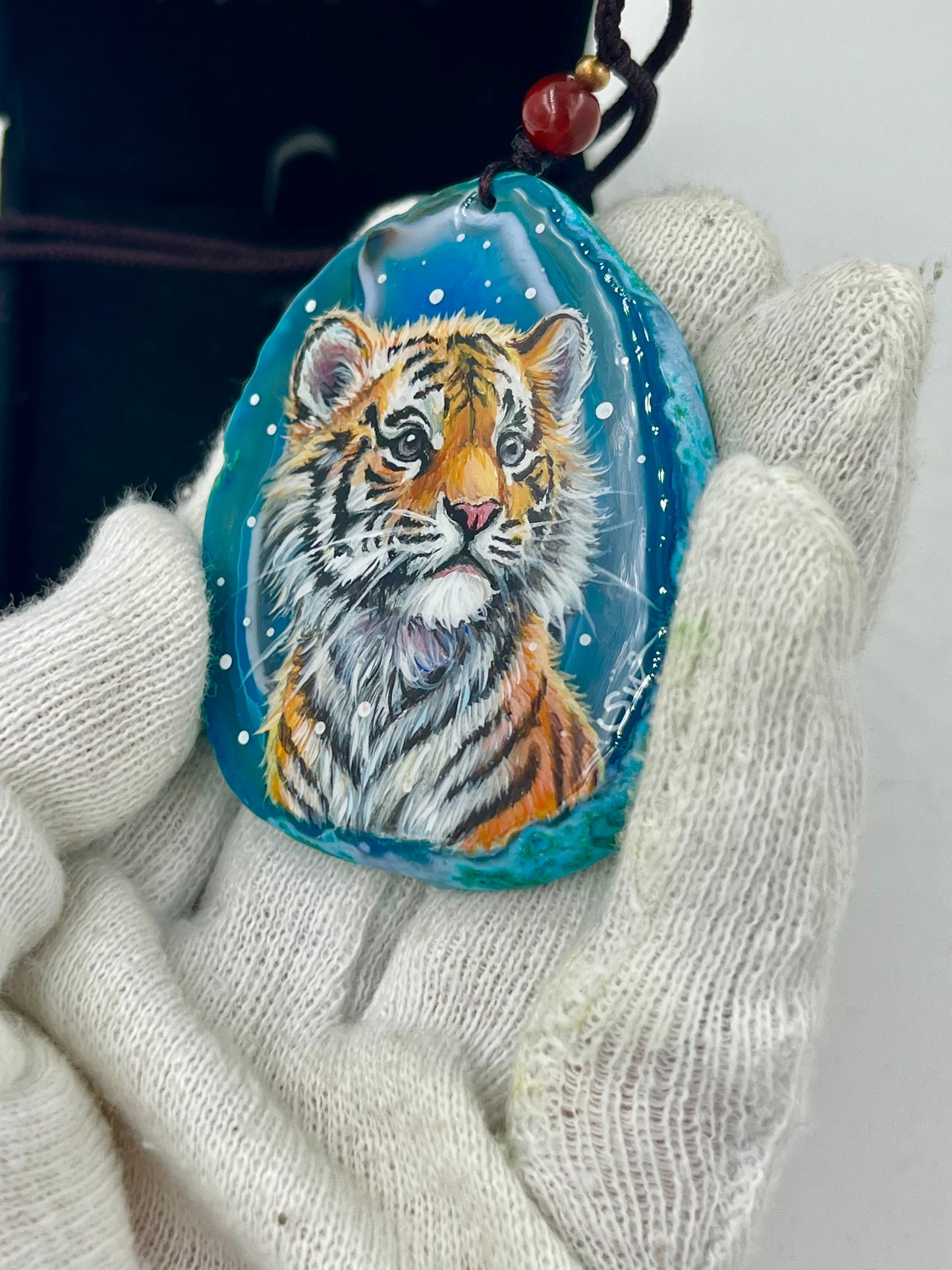 Einzigartige Anhänger /der kleine Tiger/Achat/Hand bemalt