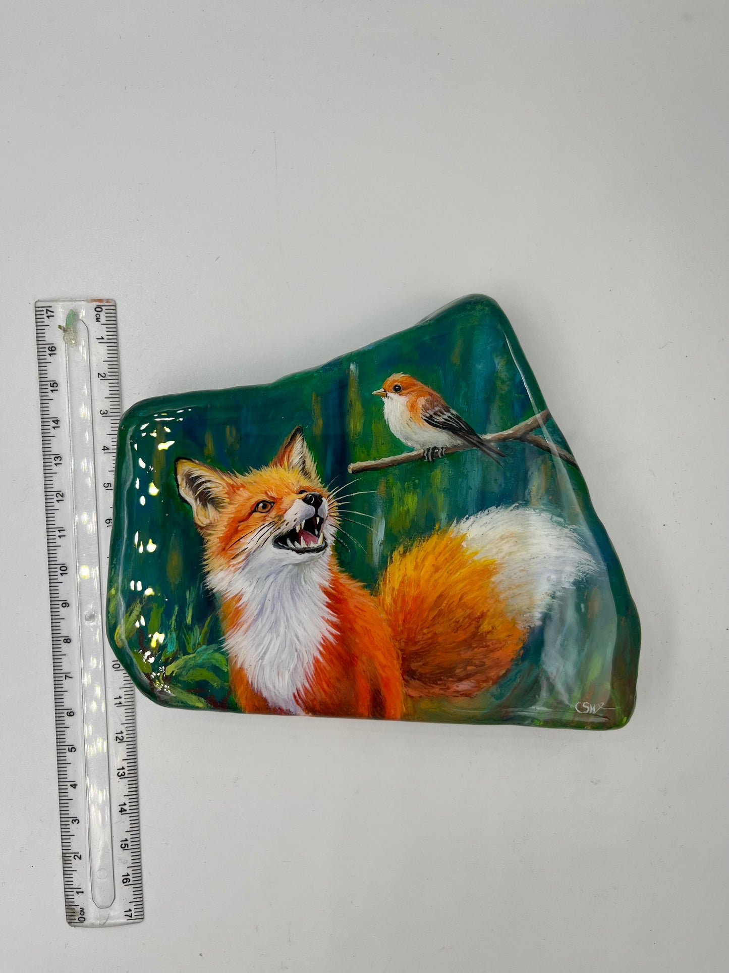 Einzigartig handbemalte Stein/der Fuchs und der Vogel /inklusive Tischstaffelei
