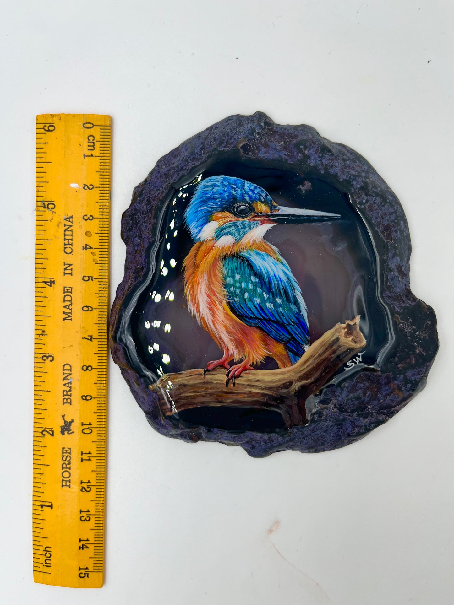 Einzigartige handbemalte Achatscheibe /der Eisvogel/ink.Metallständer