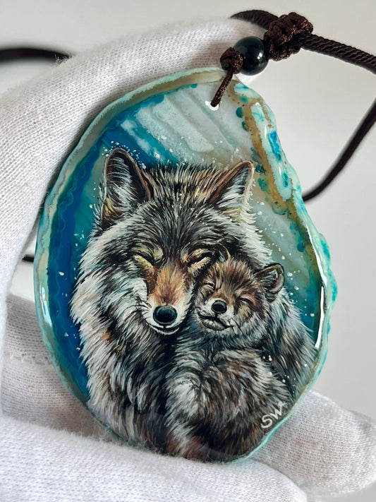 Einzigartige Anhänger /Wolfs Mama und Kind /Achat/Hand bemalt Juwelen und tragbare Kunst /Natur Schmuck