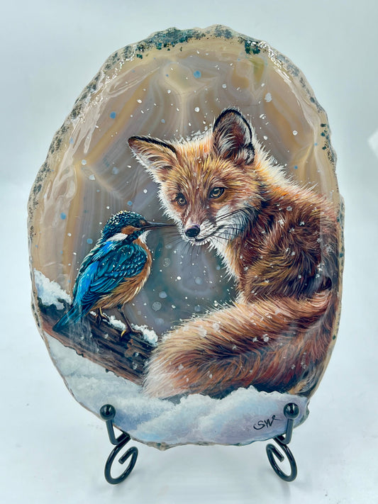 Einzigartige bemalt Achatscheibe/der Fuchs und der Eisvoglel /Hand bemalt /Deko/Tierpotrait/ink.Metallständer