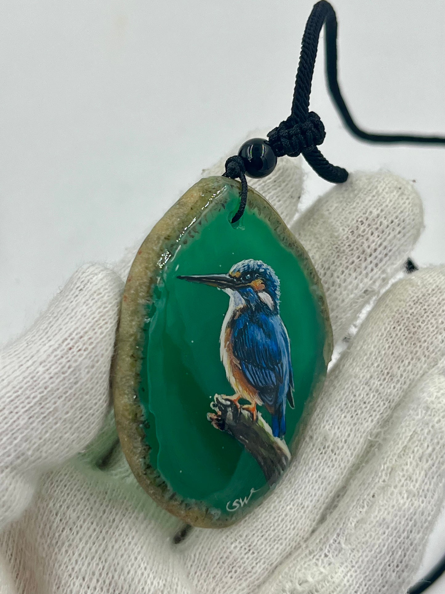 Einzigartige Anhänger /Der Eisvogel/Achat/Hand bemalt Juwelen und tragbare Kunst /Natur Schmuck