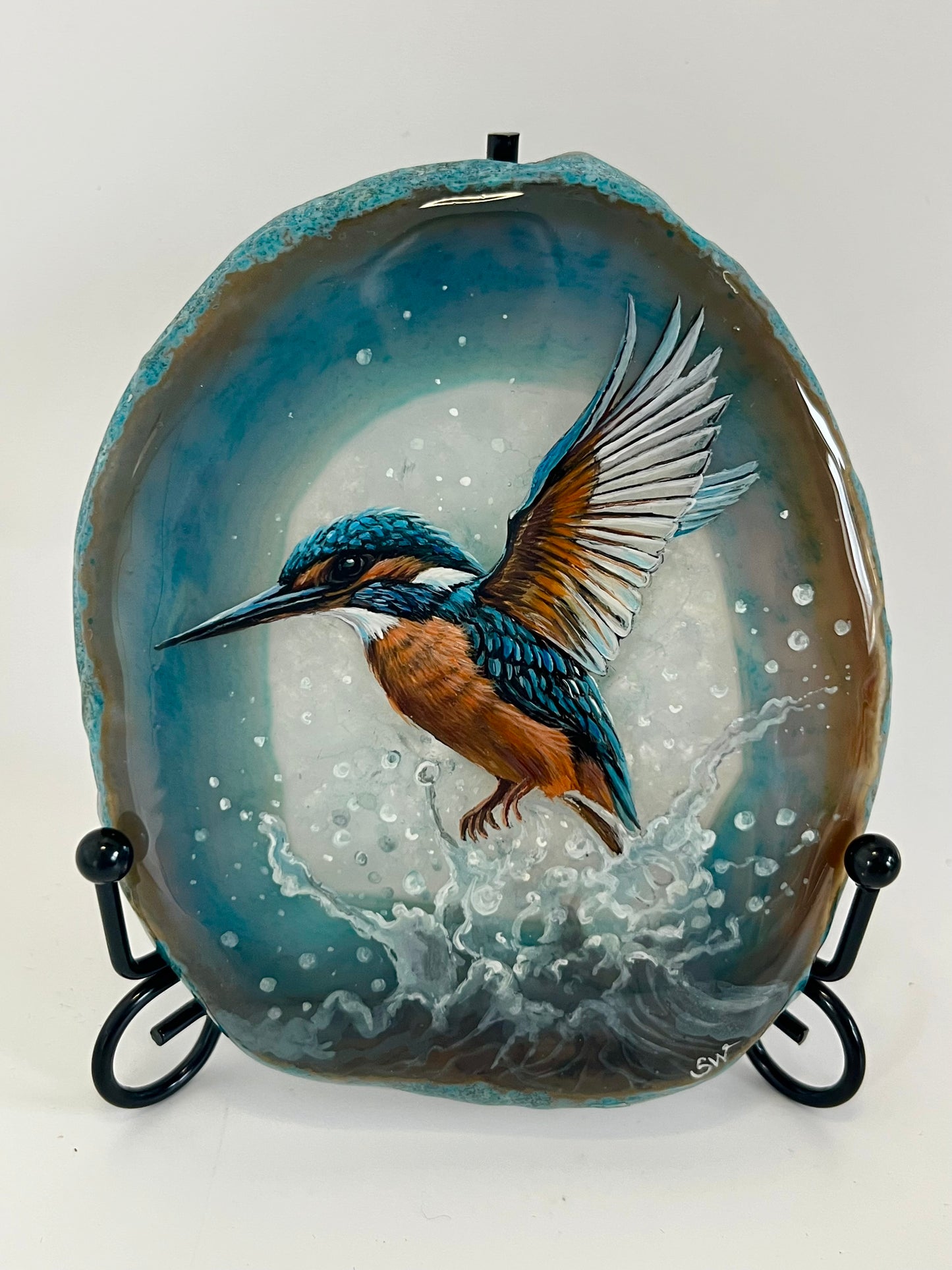 Einzigartige handbemalte Achatscheibe /der Eisvogel/ink.Metallständer