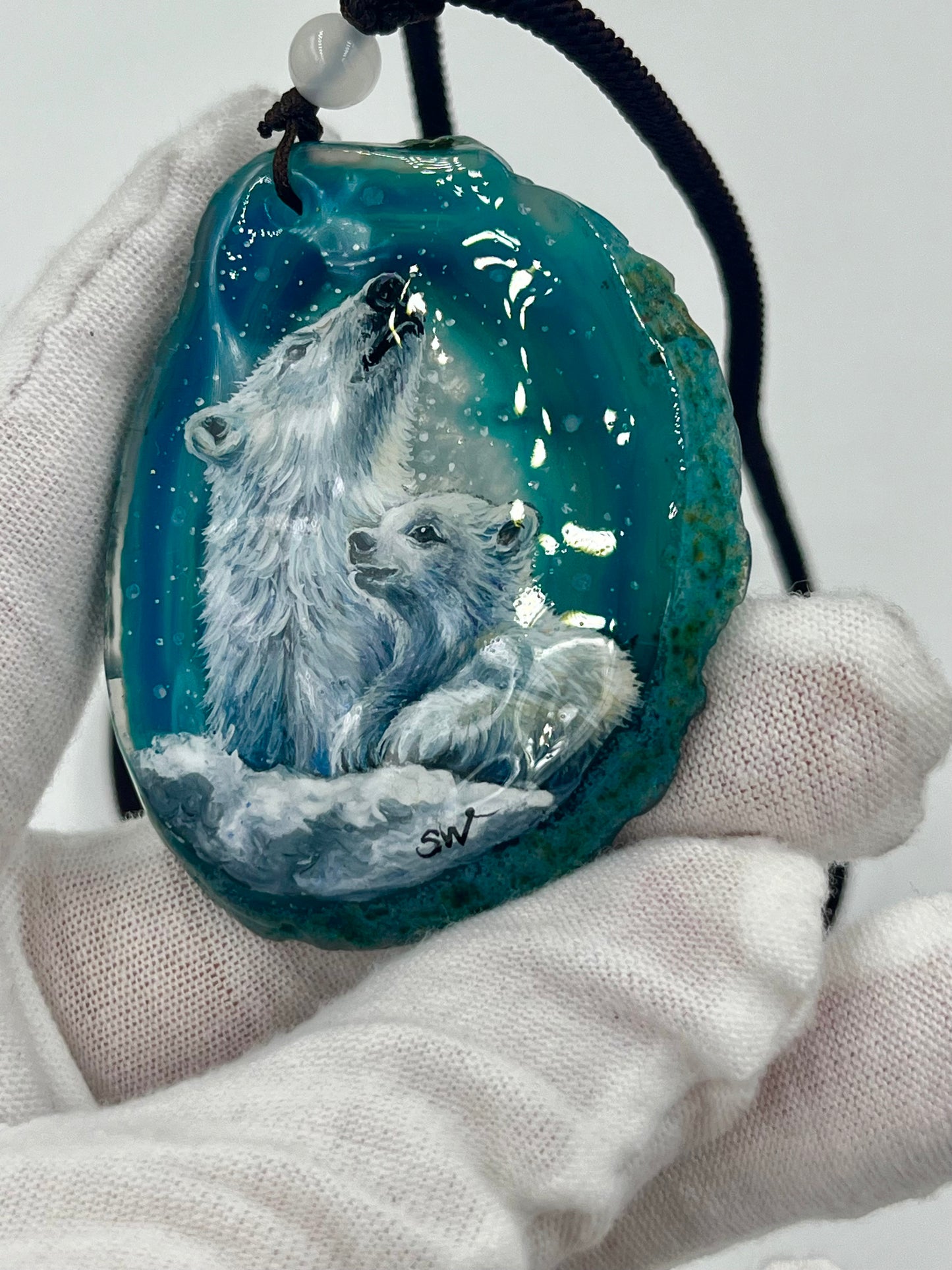 Einzigartige Anhänger /Eisbären Mama und Kind /Achat/Hand bemalt Juwelen und tragbare Kunst /Natur Schmuck