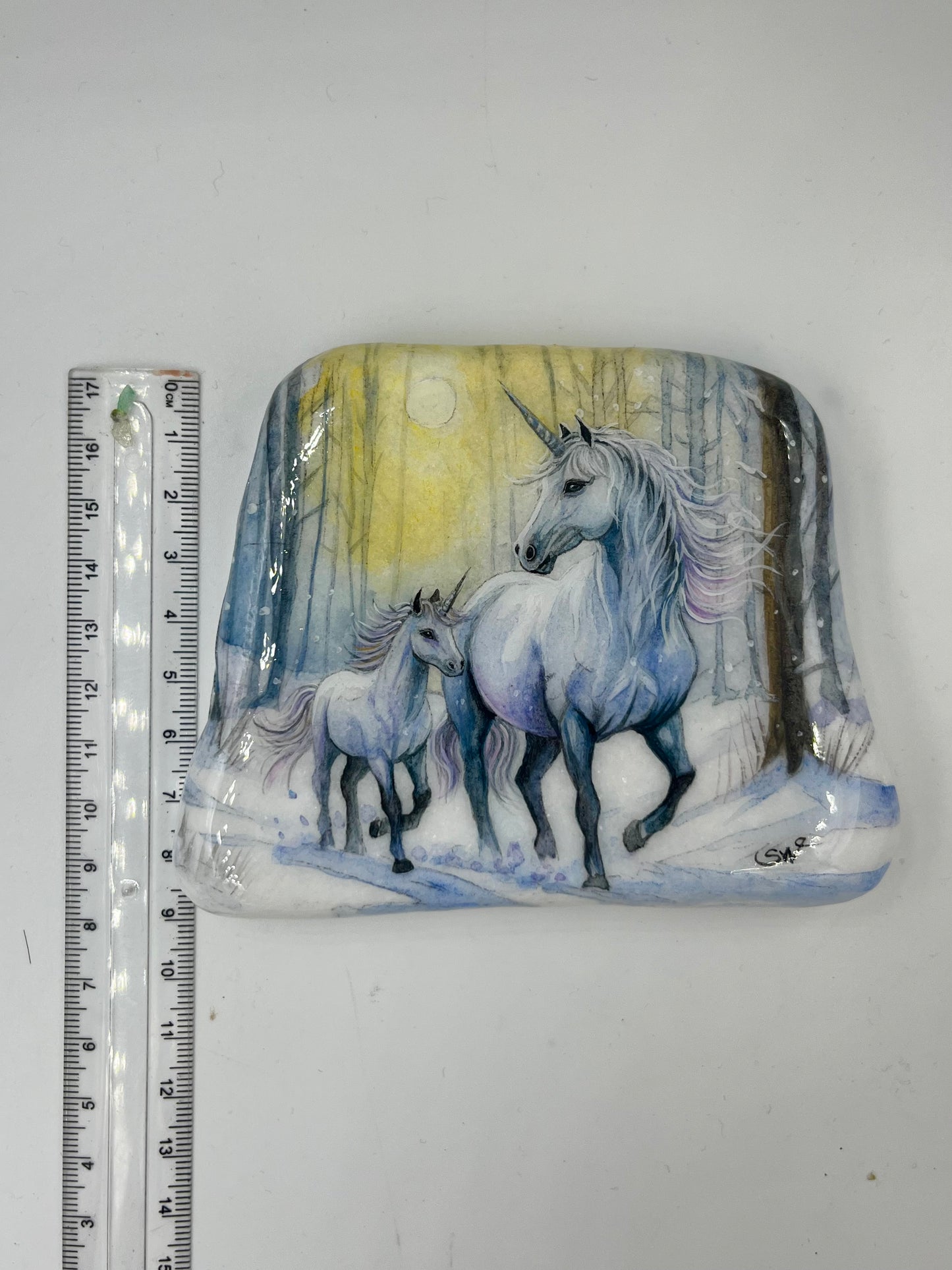 Einzigartig handbemalte Stein-die Einhorn Mama und Kind -inklusive Tischstaffelei
