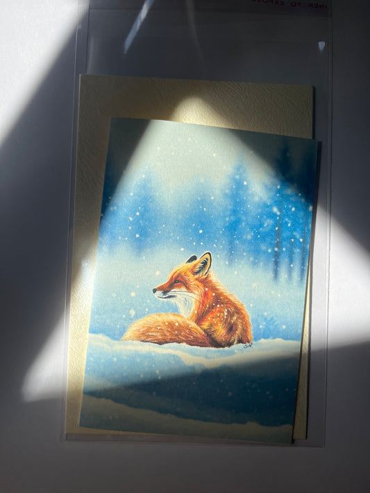 Grußkarte der Fuchs im Winter/ Papier(300g)/ Klappkarte Acryl Malerei Print