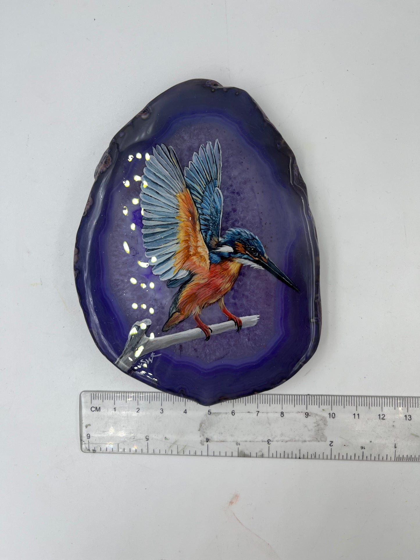 Einzigartige handbemalte Achatscheibe /der Eisvogel/ink.Metallständer